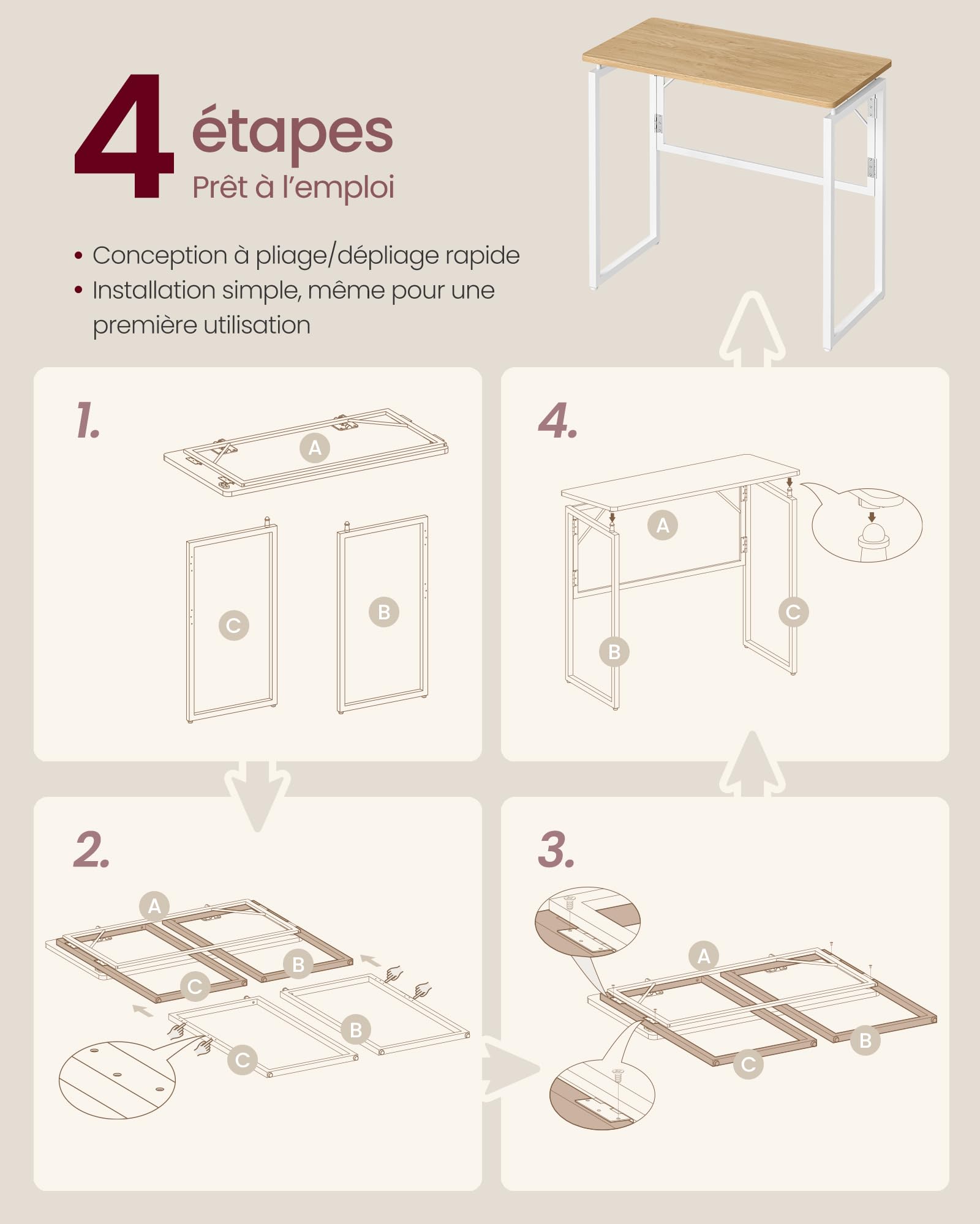 VASAGLE Table Pliante Bureau Pliable 80 x 40 cm Chêne Naturel