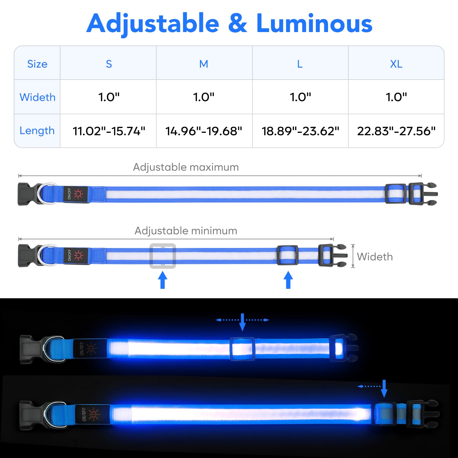 VIZPET Collare per cani a LED ricaricabile tramite USB, 100% impermeabile, regolabile, con luce di sicurezza super luminosa, collari luminosi per cani (blu, medio