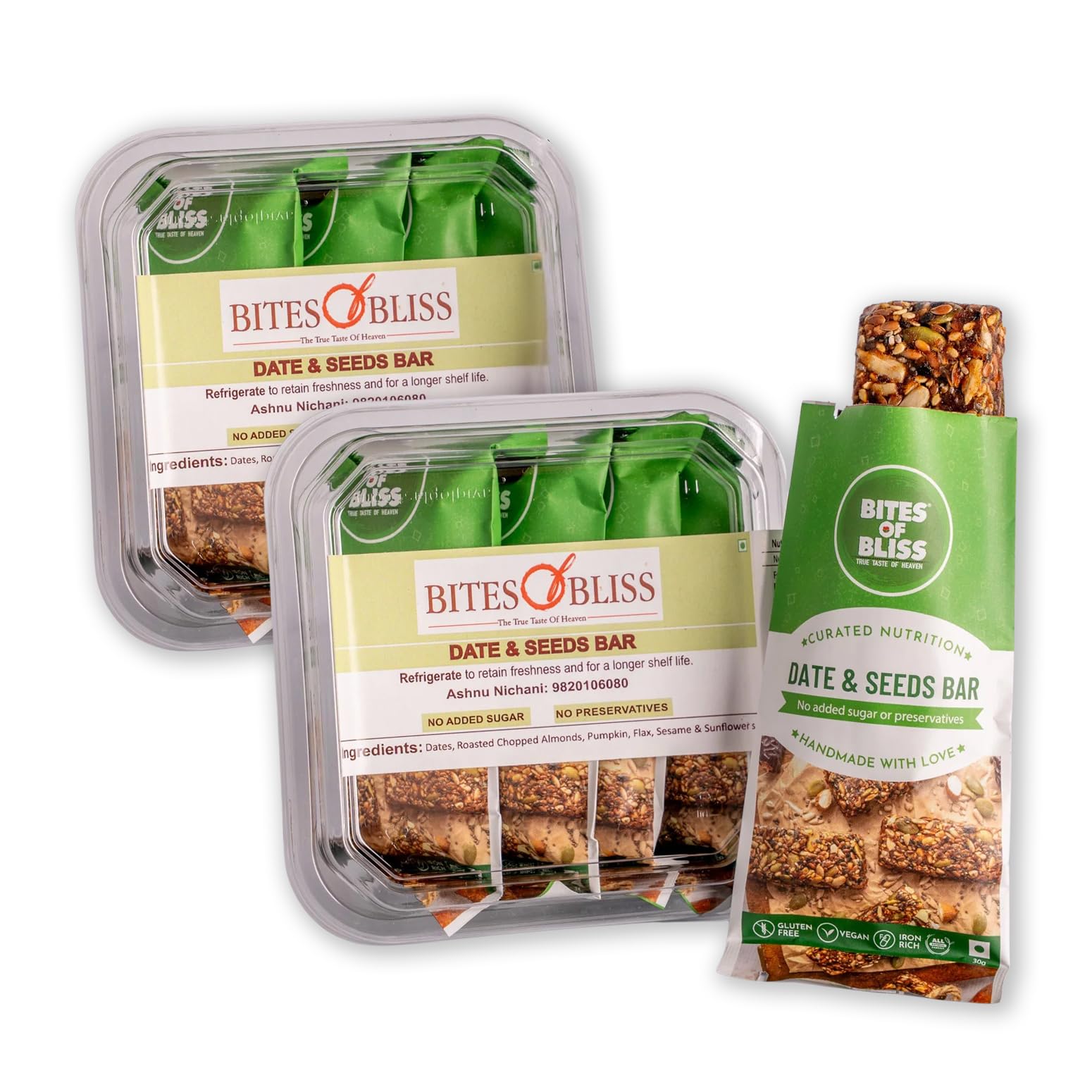 Bites of Bliss Date N Seeds Bar | Vegan Protein Bar Without Sugar | Dates, Almonds, Pumpkin, Sunflower, Flax, White & Black Sesame, Chia & Watermelon seeds | No Added Preservatives | Healthy Energy Bars | Double Pack