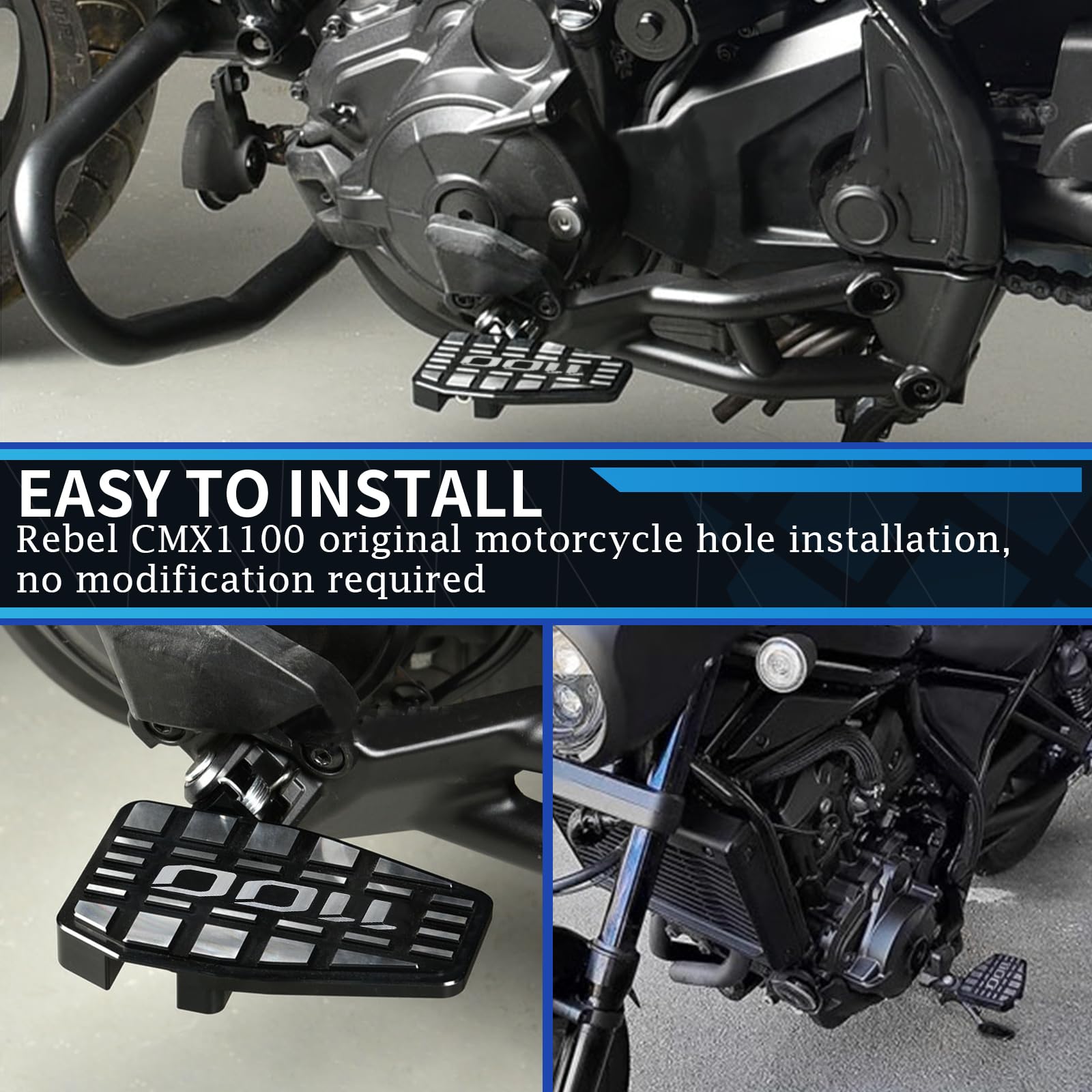 Motorrad-Fußrasten, kompatibel mit Honda CMX1100 REBEL CMX 1100/DCT 2021–2025, Aluminium-Motorrad-Fußraste, breitere Fußstütze, breite Pedale (Schwarzes Silber)