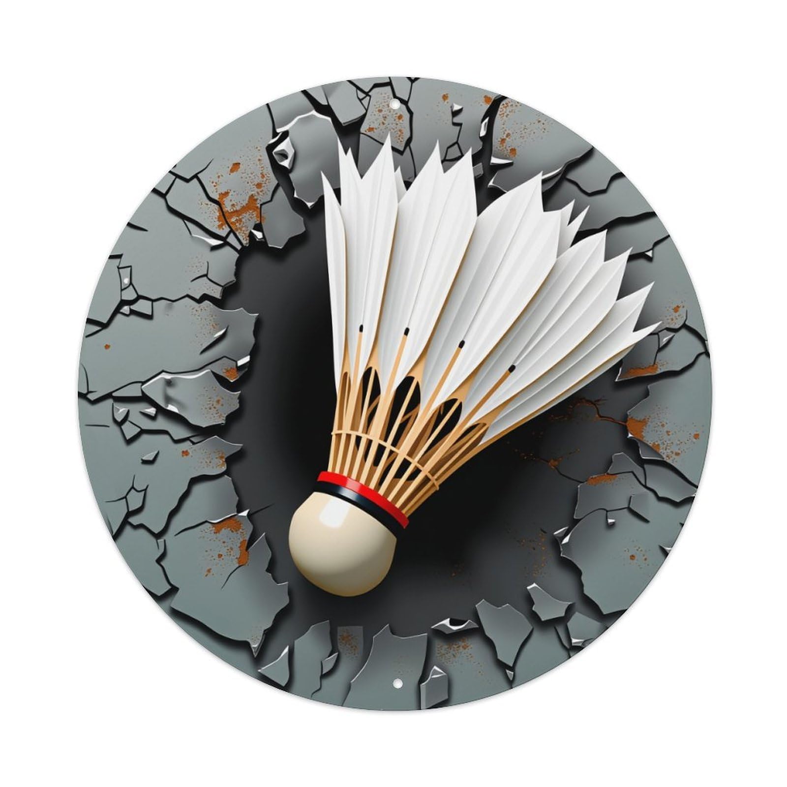 Badminton Shuttlecock Breaking Through Cracked Surface Metal Tin Sign