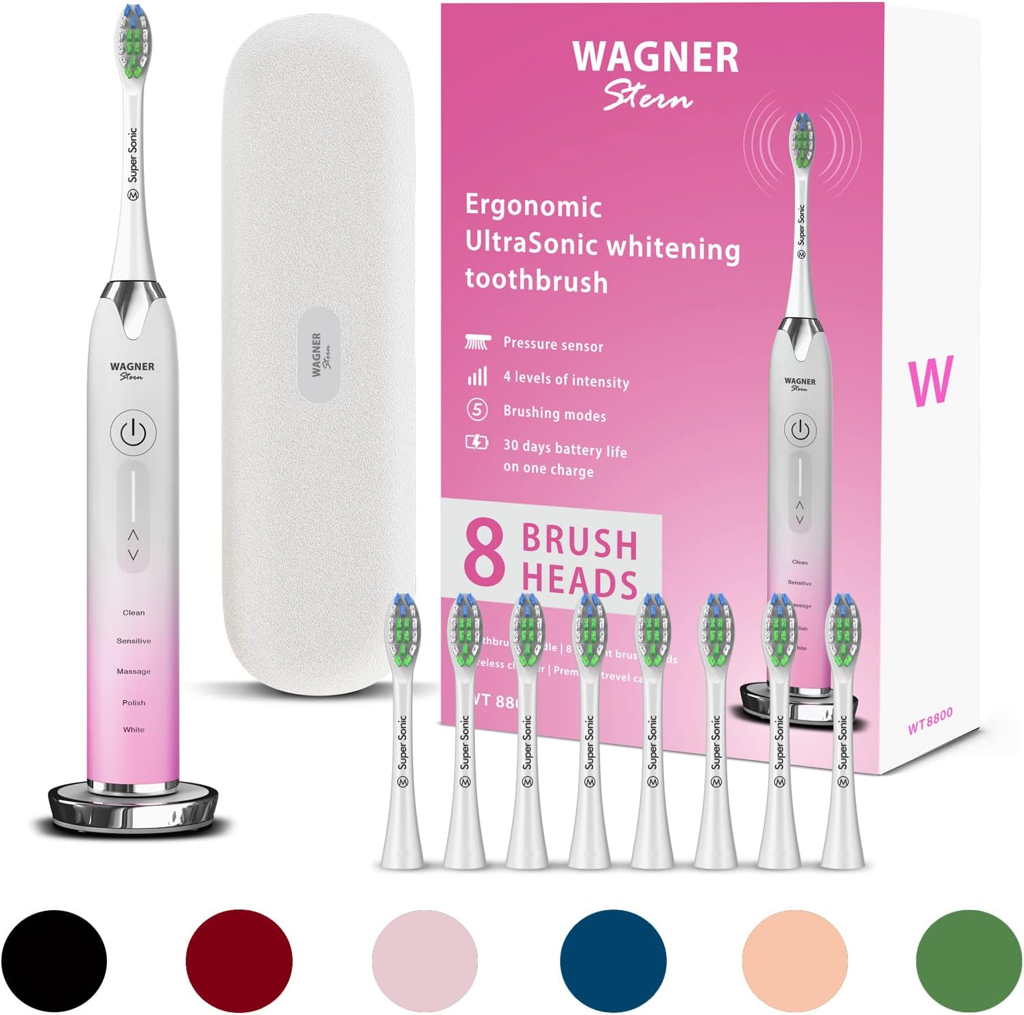 Wagner & Stern Ultrasonic whitening Toothbrush with Pressure Sensor. 5 Brushing Modes and 4 Levels of Intensity, 8 Soft Brush Heads, Premium Travel case.