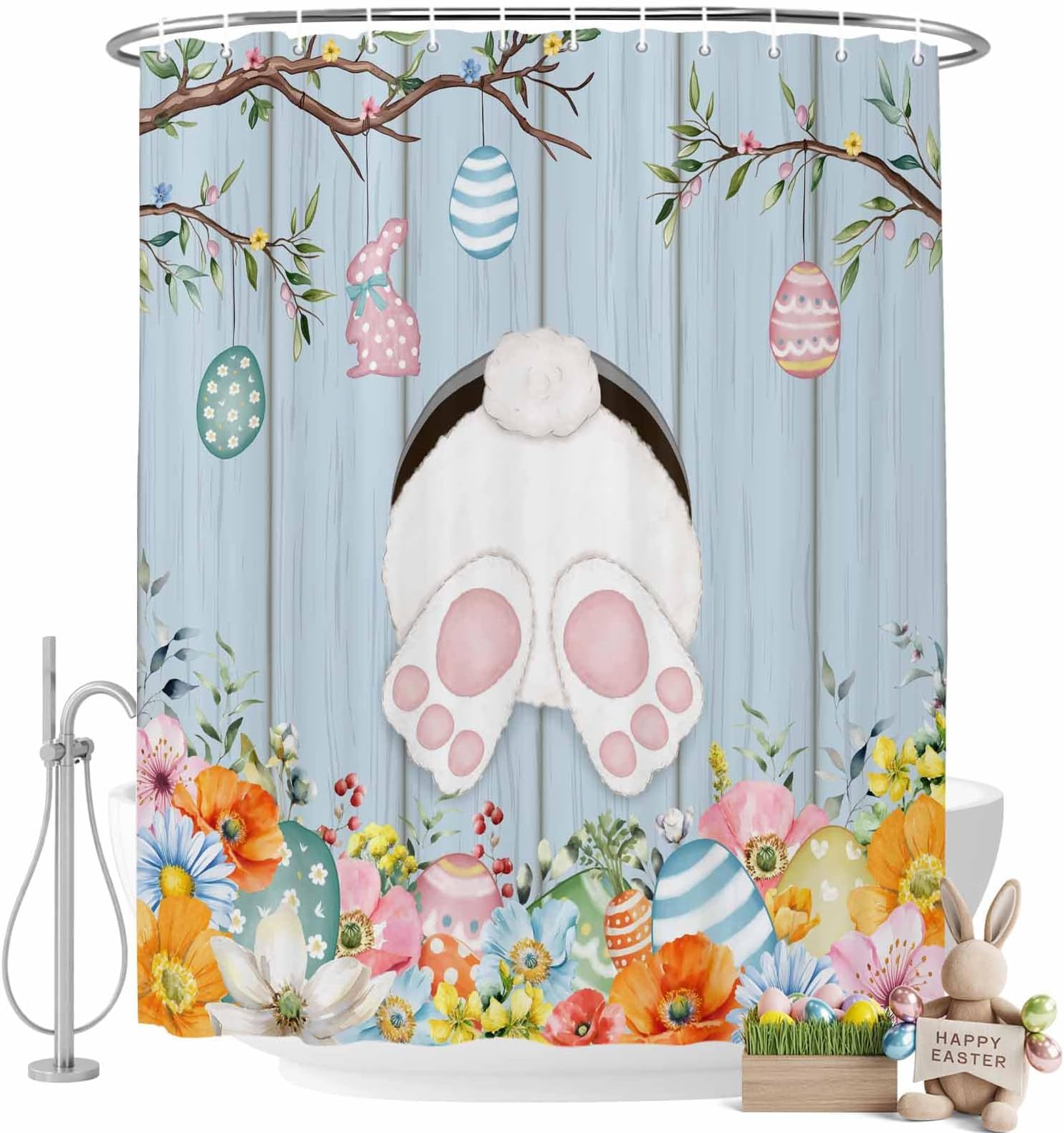 Easter Bunny Bathroom Shower Curtains with Hooks, Spring Rabbits Ass Colorful Eggs Flower Blue Wood Grain Waterproof Fabric Washable Shower Curtain for Home Hotel Bathtub Decor 54x78 Inch