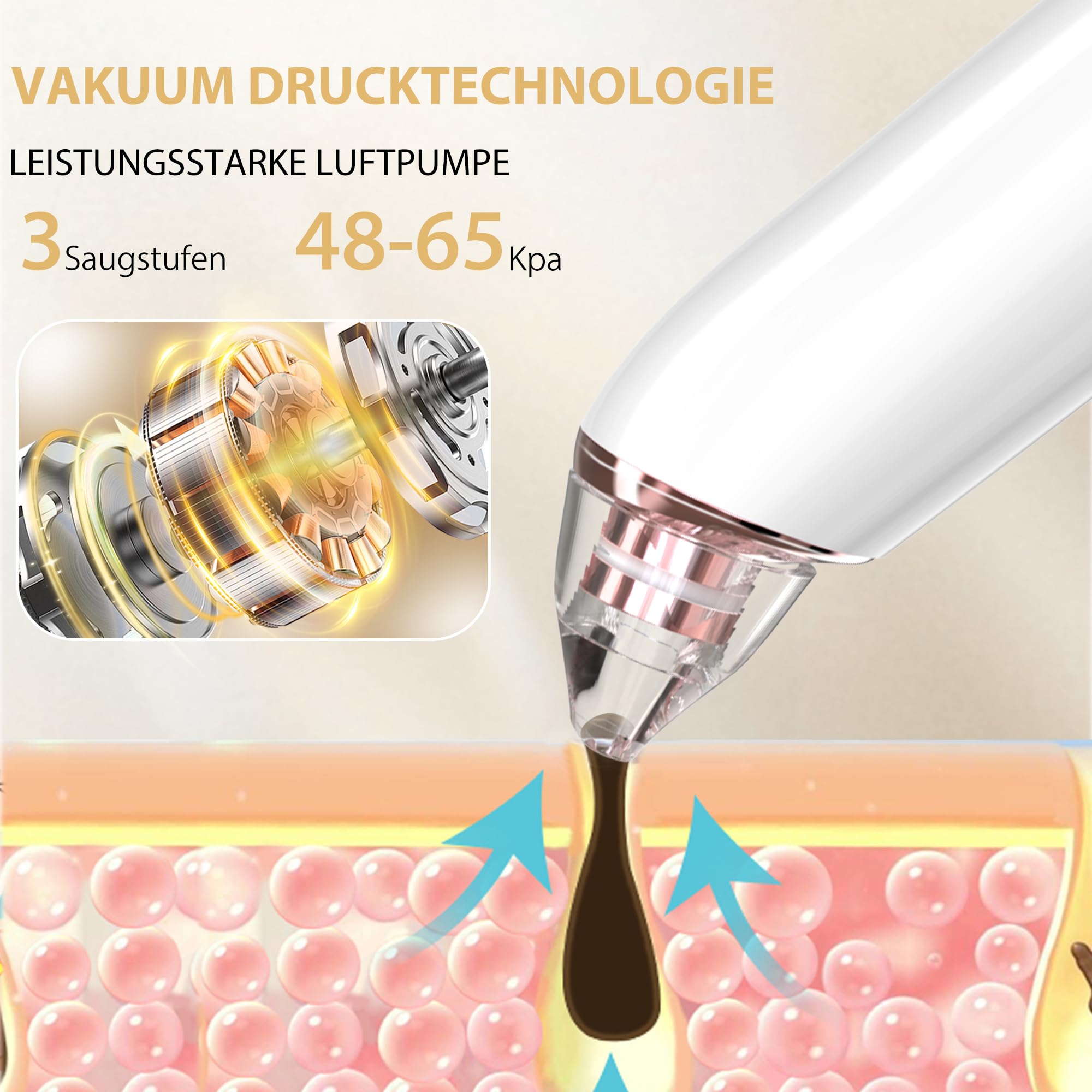 Porenreiniger Gesicht Mitesserentfernung, Porensauger Gesicht Mitesser Entferner Sauger Nase Akne Pickelsauger mit 3 Saugstufen und 6 Köpfe Blackhead Remover Pickelentferner - 2
