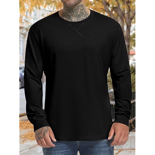 Men's Long Sleeve Gym Workout Athletic T Shirts Cotton Hipster Hip Hop Longline Crewneck T-Shirt for Men(S-2XL)