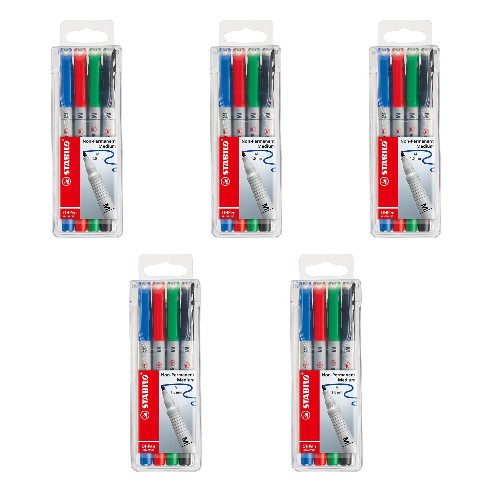 STABILO - Folienstift - OHPen universal - wasserlöslich medium - 5x 4er Pack - grün, rot, blau, schwarz