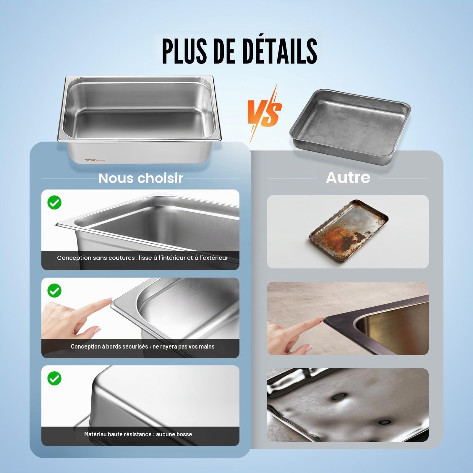 VEVOR Bac Gastronorme GN 1/1 Lot de 6, Récipient Inox pour Bain-marie 0,8 mm d'Épaisseur, Bac Inox Alimentaire 15 cm Profondeur, pour Fours à Convection, Réfrigérateurs, Stockage, Restauration