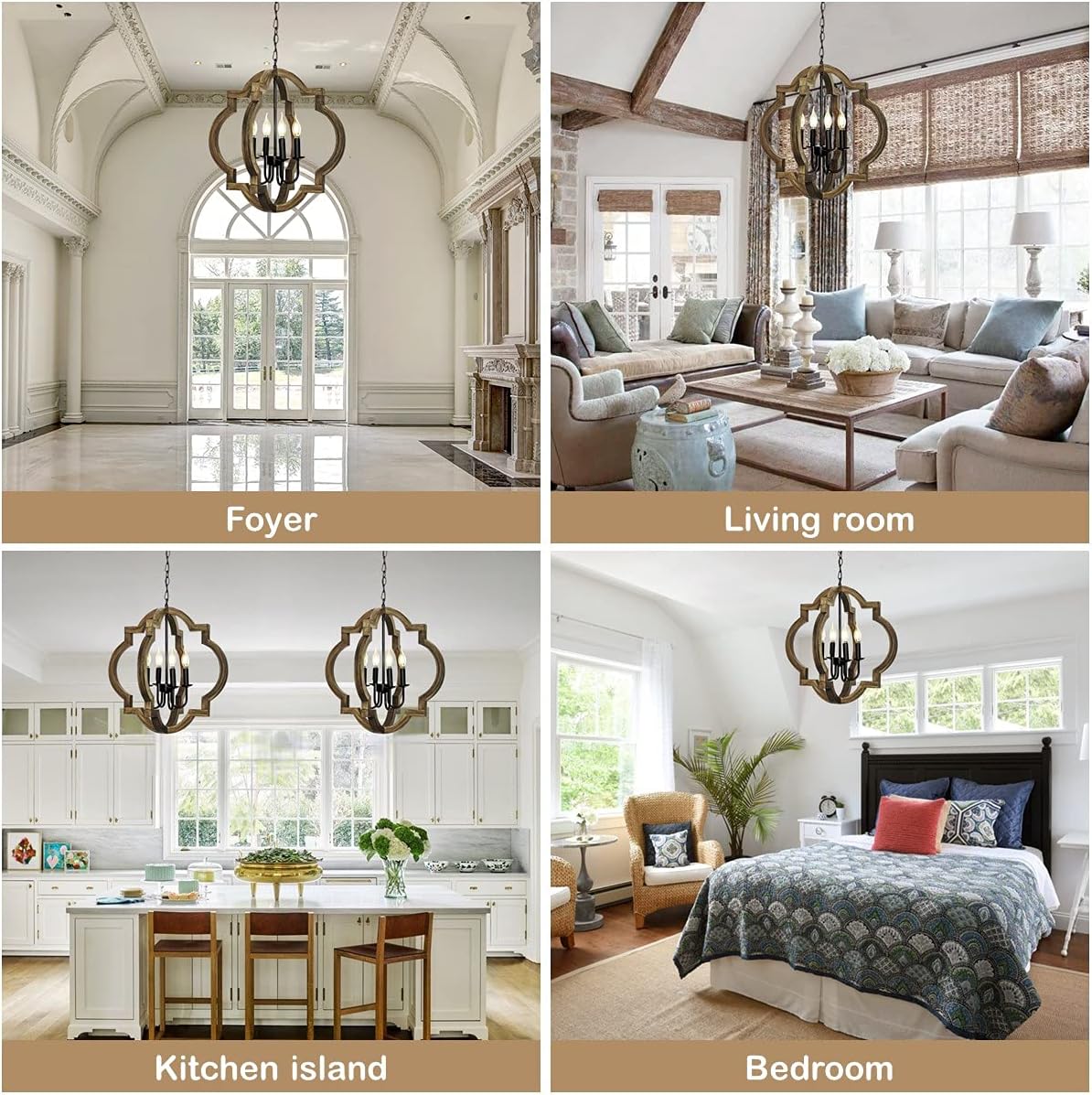 21.7" Farmhouse orb Chandelier, 4-Light Adjustable Height Handmade Rustic Wood Light Fixture for Foyer, Dining&Living Room, Kitchen Island, Entryway, Breakfast Area(Colour: Black) : Everything Else