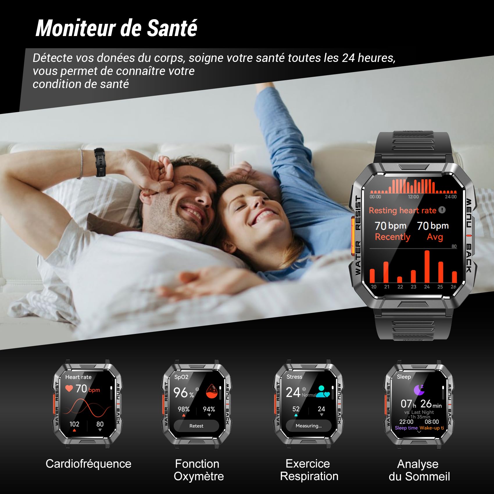 Montre Connectée Militaire Hommes, Autonomie 100 jours, Lampe de Poche LED