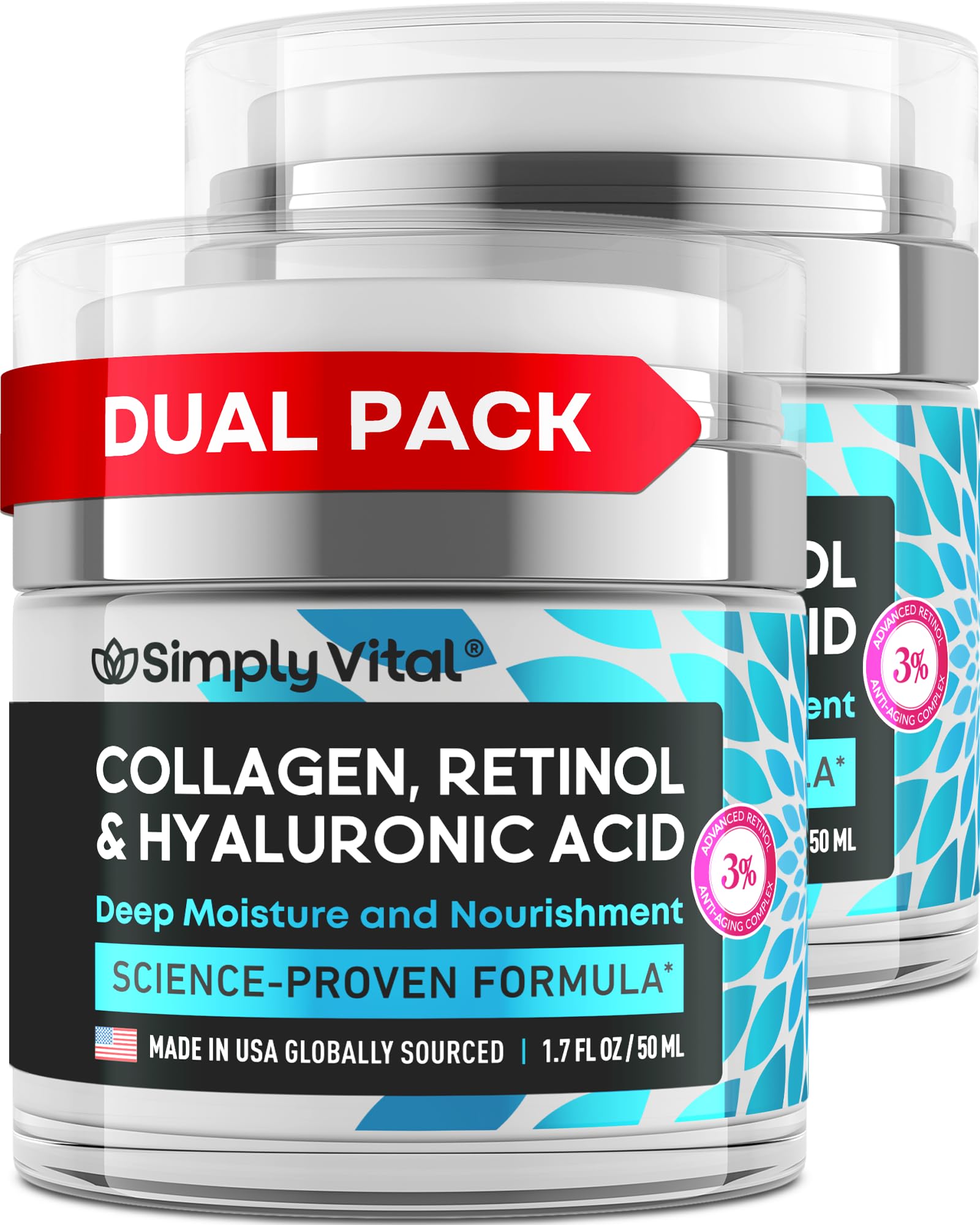 SimplyVitalCollagen Face Moisturizer - Anti-Aging Retinol Cream for Face, Neck & Décolleté with Hyaluronic Acid - Made in USA, Daily Moisturizer Face Cream, 2-Pack