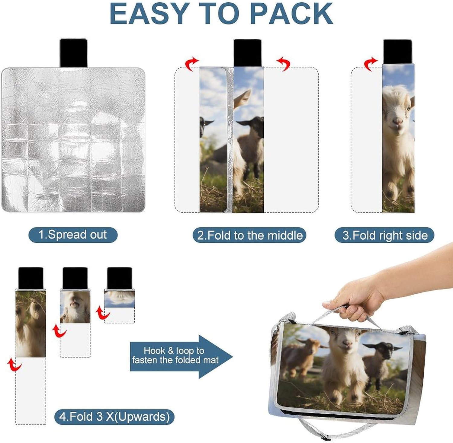 Cute Goat Foldable Waterproof Outdoor Picnic Mat for Beach, Camping & Park - Outdoor Rugs with Sponge Padding