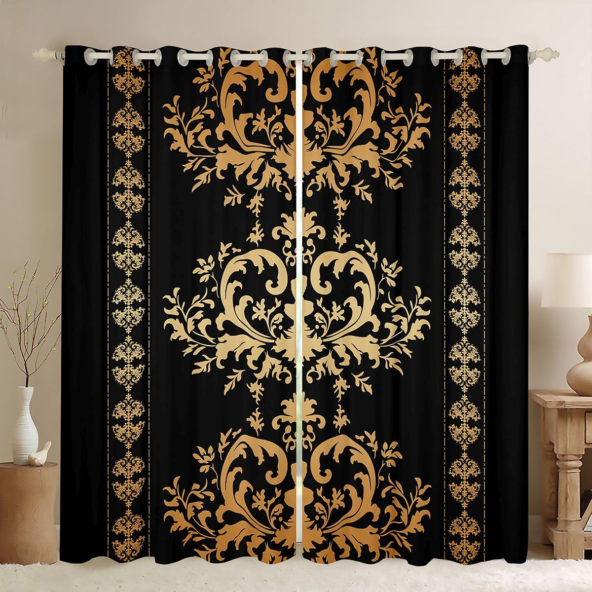 Homemissing Vintage Damask Floral Curtains(2 Panels W46*L72) Damask Jacquard Window Curtains for Bedroom Oriental Antique Blackout Darkening Drapes Gothic Bohemia Floral Window Treatments โ image 1