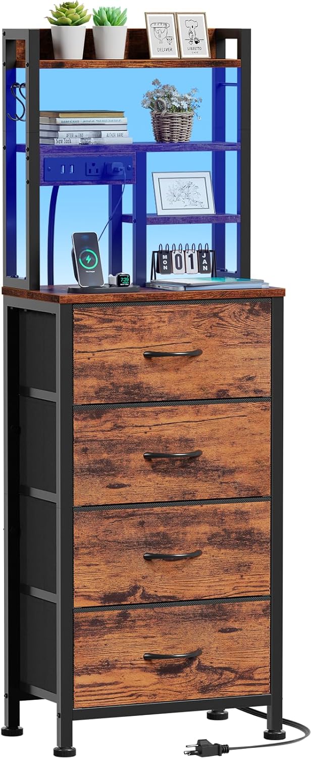 Furnulem Tall Night Stand, LED Nightstand with Charging Station and USB Ports, 4 Fabric Drawers and 4 Tier Storage Shelf, Bedside Table for Bedroom, Home, Dorm, Office (Rustic Brown)