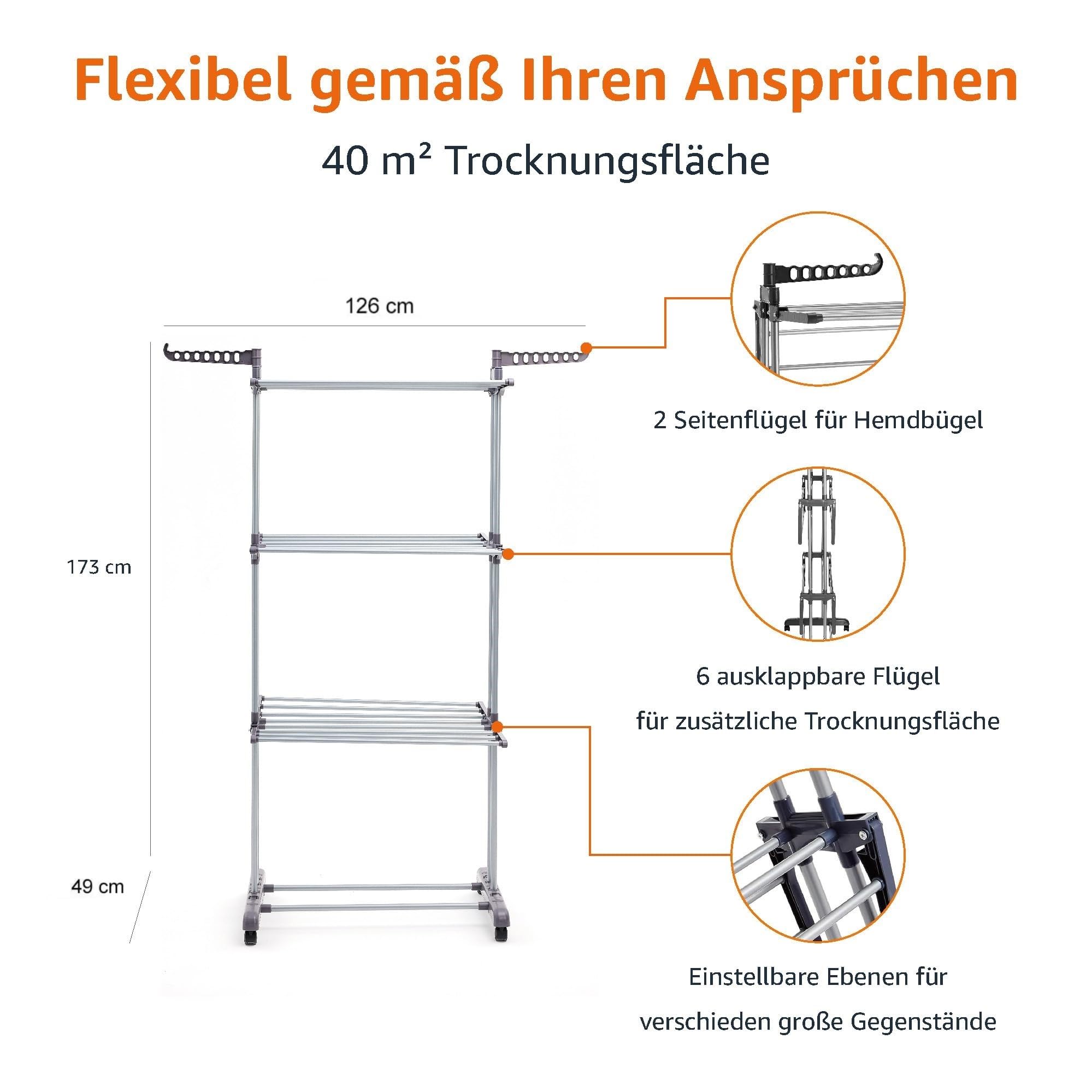 Amazon Basics Turm-Wäscheständer für innen mit faltbaren Flügeln, Garten, Grau, 4-stufig, 126 x 64 x 173 cm (L x W x H)