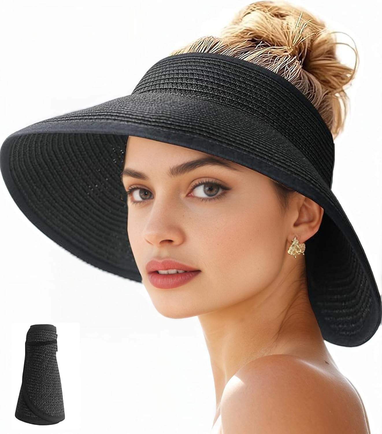 Sun Visor Hats for Women Wide Brim Straw Ponytail Summer Beach Hat UV UPF Packable Foldable Travel