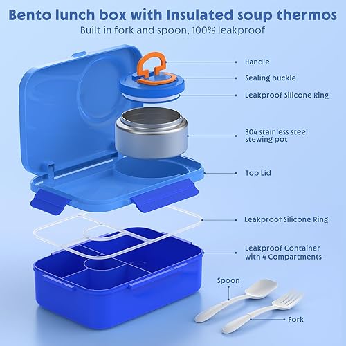 Miniatura 2 de DaCool Lonchera mejorada para niños con termo para comida caliente, 47.3 fl oz, caja Bento para niños con termo pequeño de 5 onzas para niños y