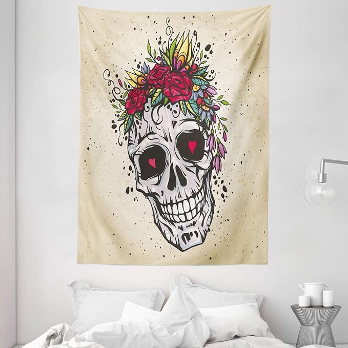 Ambesonne Sugar Skull Tapestry, Human Skull with Wreath of Roses and Wild Flowers Hearts in Boho Form Design, Wall Hanging for Bedroom Living Room Dorm Decor, 60
