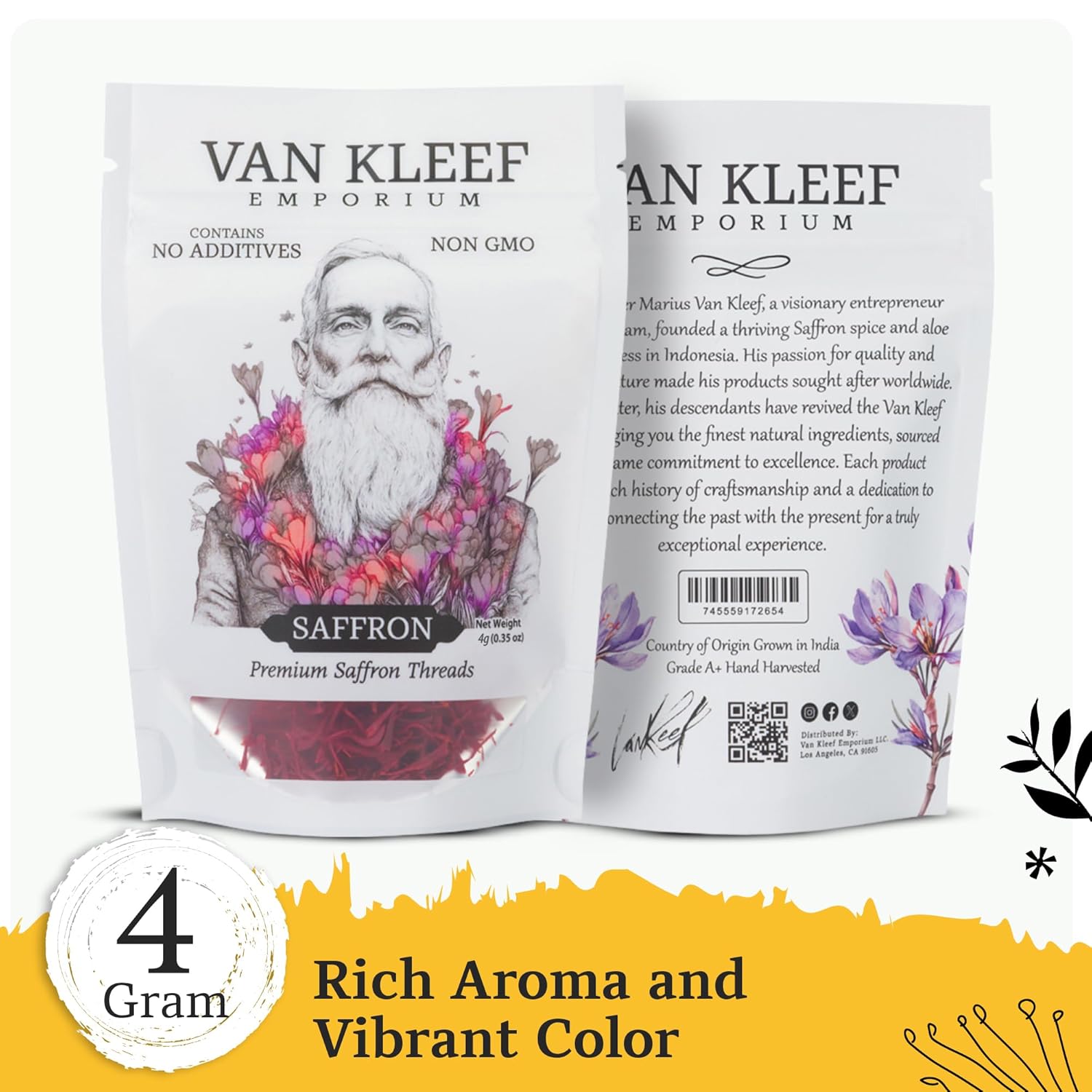 Van Kleef Emporium Kashmiri Saffron Threads – 4 Grams | Grade A+ Super Negin Premium All-Red Spice | Pure & Organic for Cooking, Paella, Risotto, Tea and Golden Milk