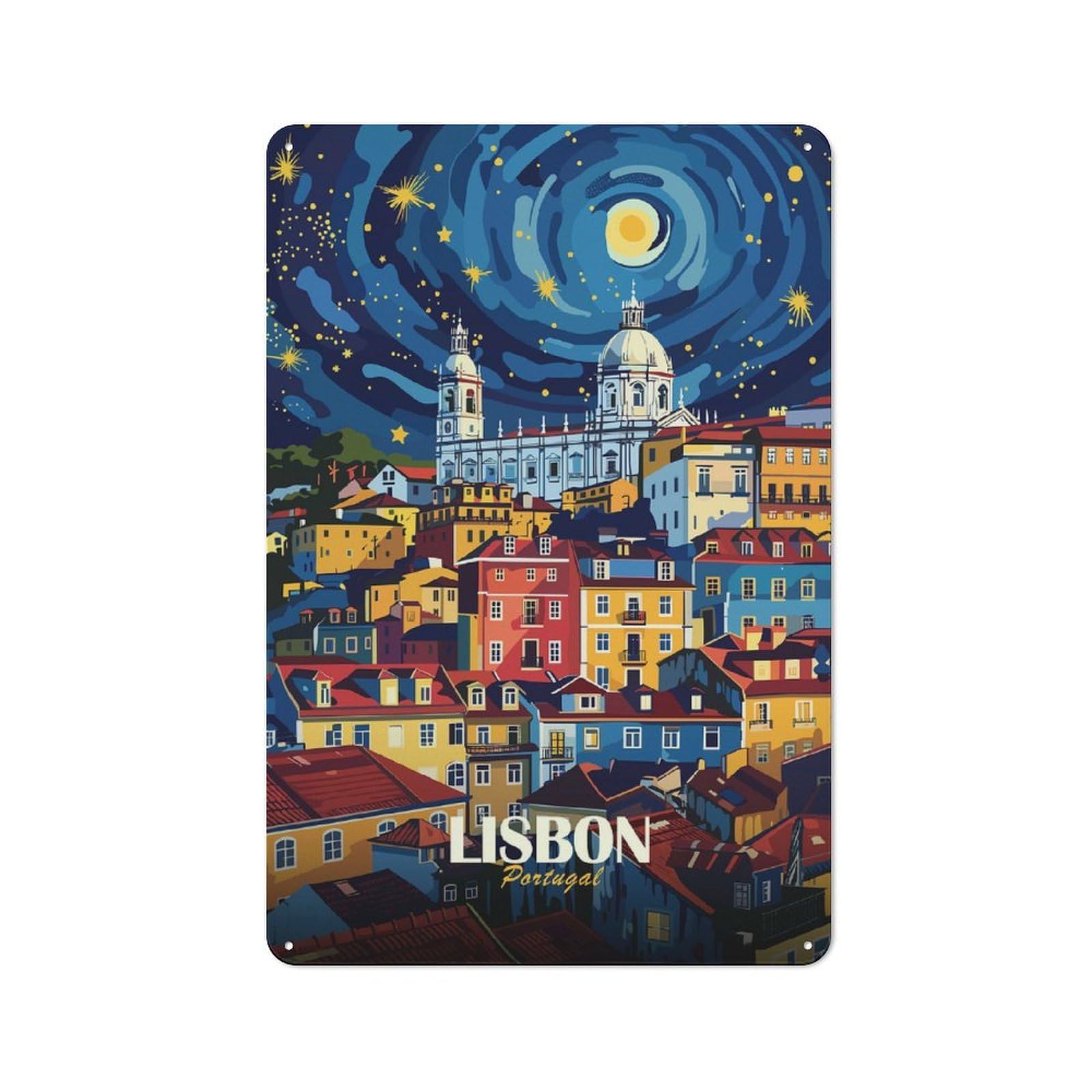Junmoney Style-13 Lisbon Portugal Nightscape Art Printed Metal Sign 30X20cm For Studio Or Craft Room, A Decorative Gift For A Newly Furnished Studio And Craft Room