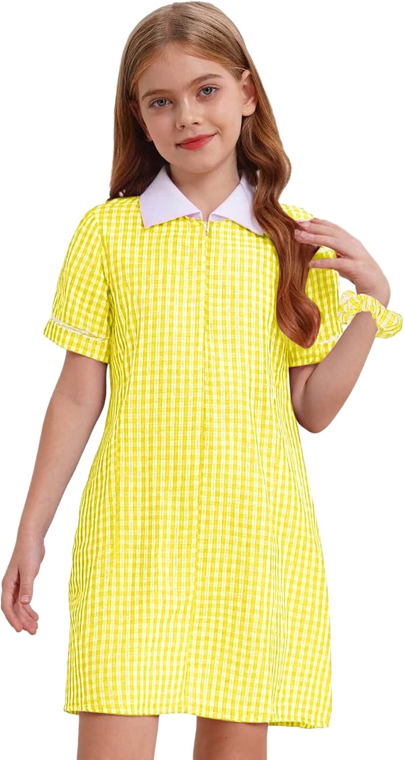 FEESHOW Kids Girls Short Sleeve Gingham Plaid Summer Dress School Uniform Dress with Hair Scrunchies Casual Outfits