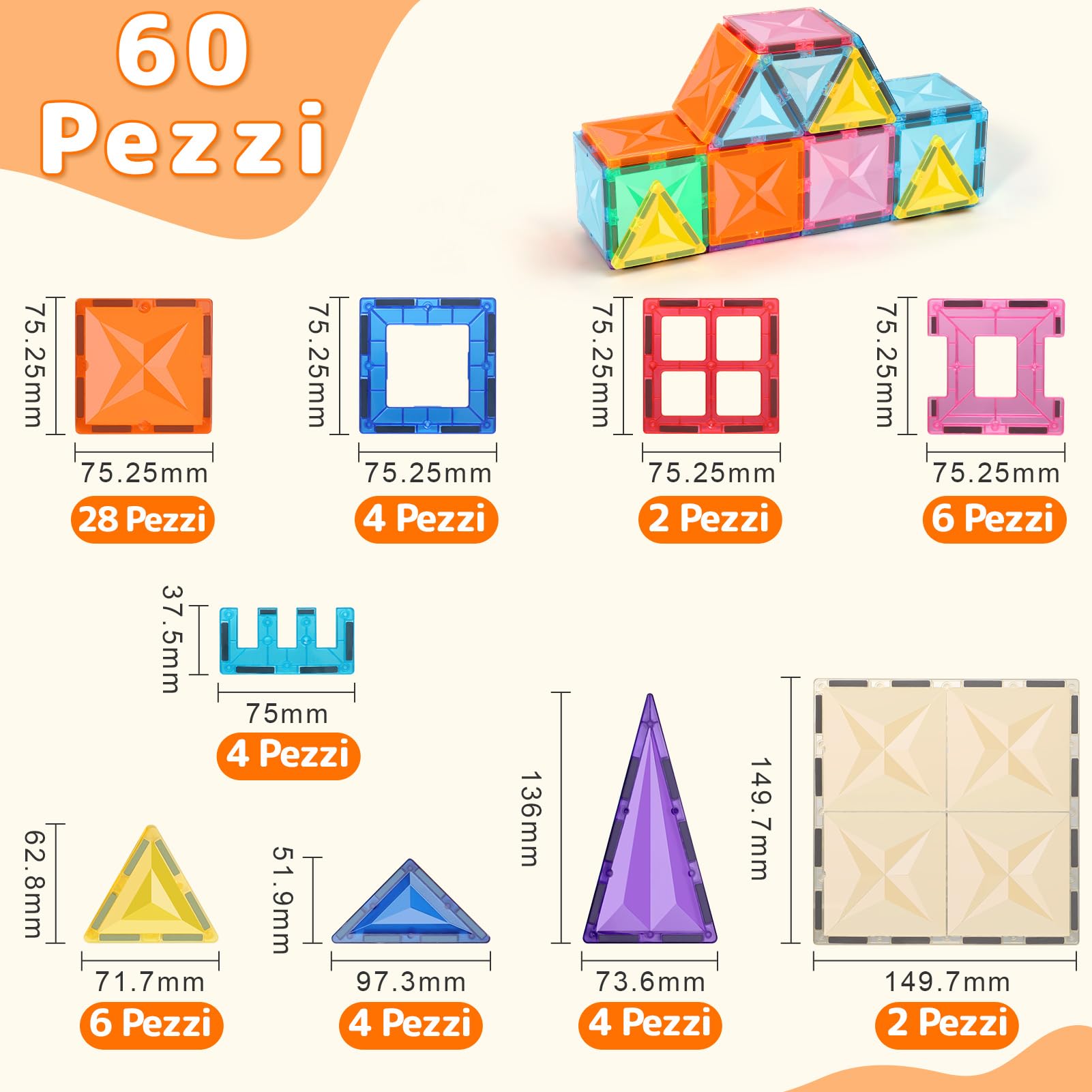 Blocchi Magnetici da Costruzione, set da 60 pezzi di Tessere Magnetiche da Costruzione, Giocattoli Costruzioni Magnetici, Regalo di Compleanno Natale per Bambini e Bambine dai 3 Anni in Su