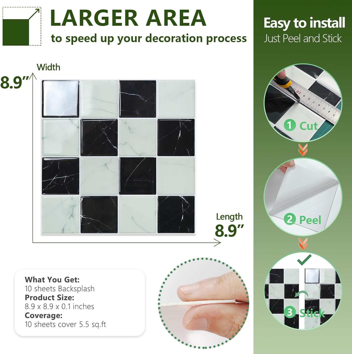 STICKGOO 10 Sheets Peel and Stick Backsplash - 9" x 9" 3D Adhesive Peel and Stick Tile Backsplash for Kitchen&Bathroom