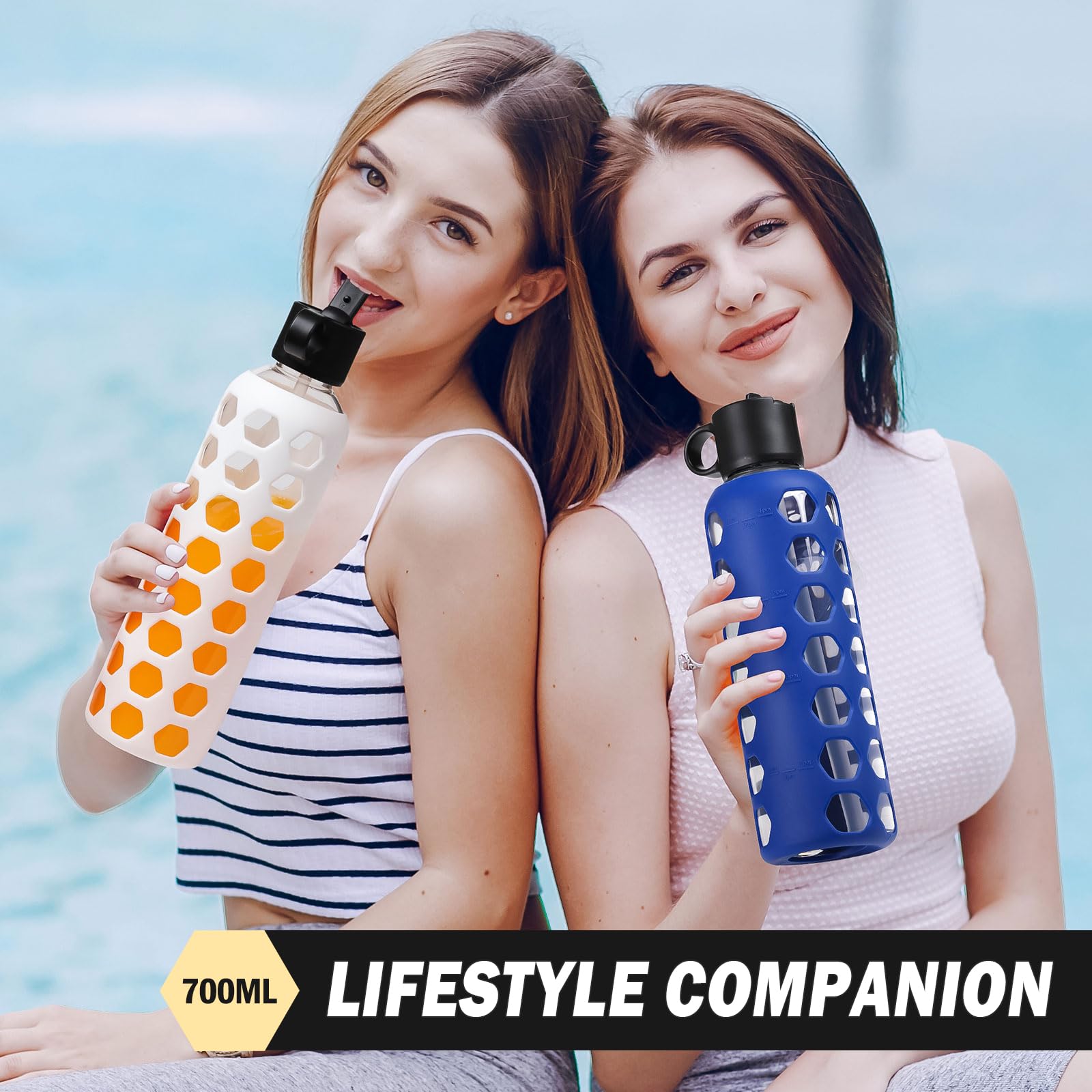 BLUEGO Borracce in vetro, 900ml Bicchiere in vetro, Bottiglie per bere con 2 coperchi, Bottiglia per l'acqua sportiva con custodia in silicone, A prova di perdite, Bianco