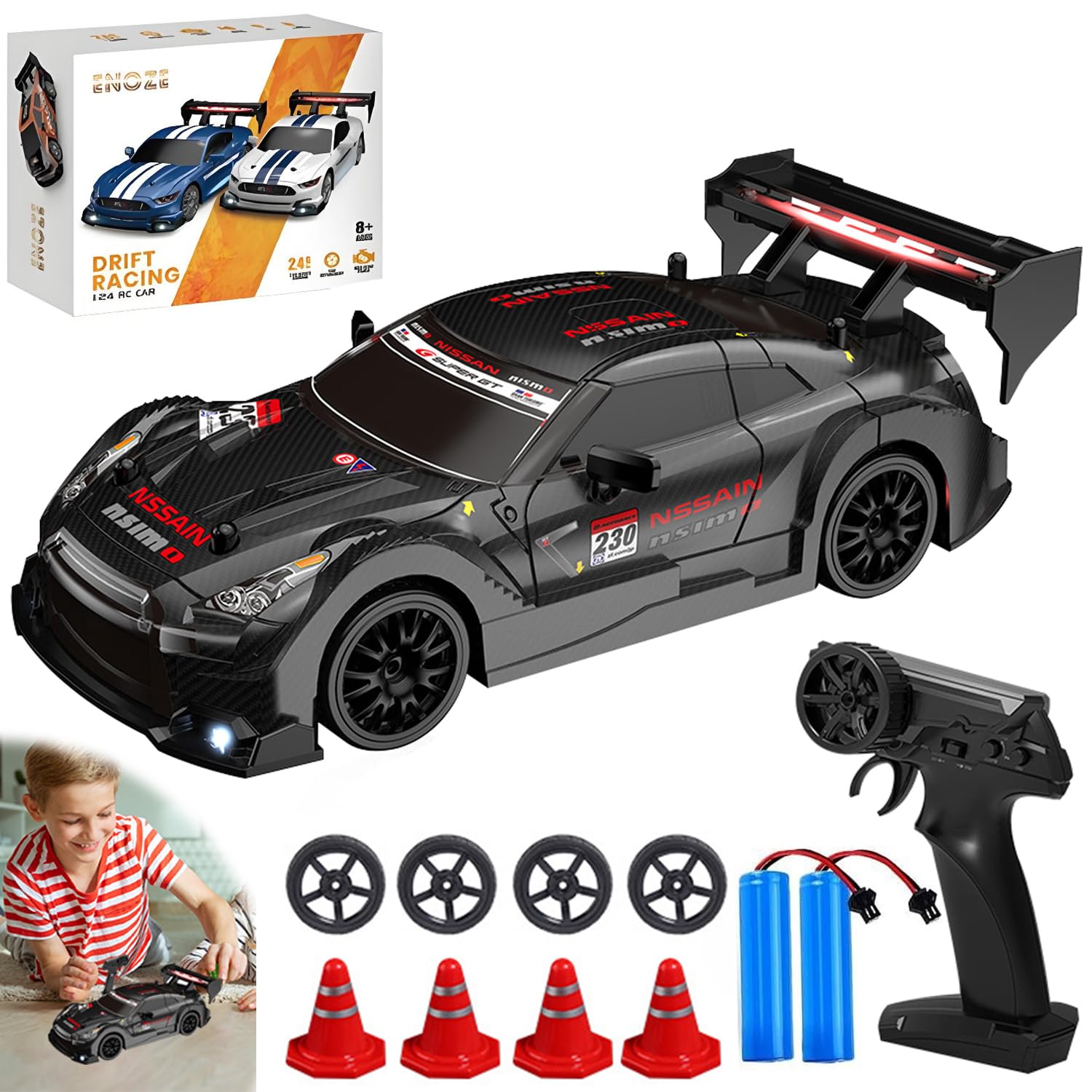 RC Drift Car, 1:24 2.4Ghz Remote Control Car with Cool Lighting & 2 Batteries 50Mins Play Time, 30km/h High Speed 4WD Racing RC Drifting Cars, Radio Controlled Cars Toys Gifts for Kids Adults