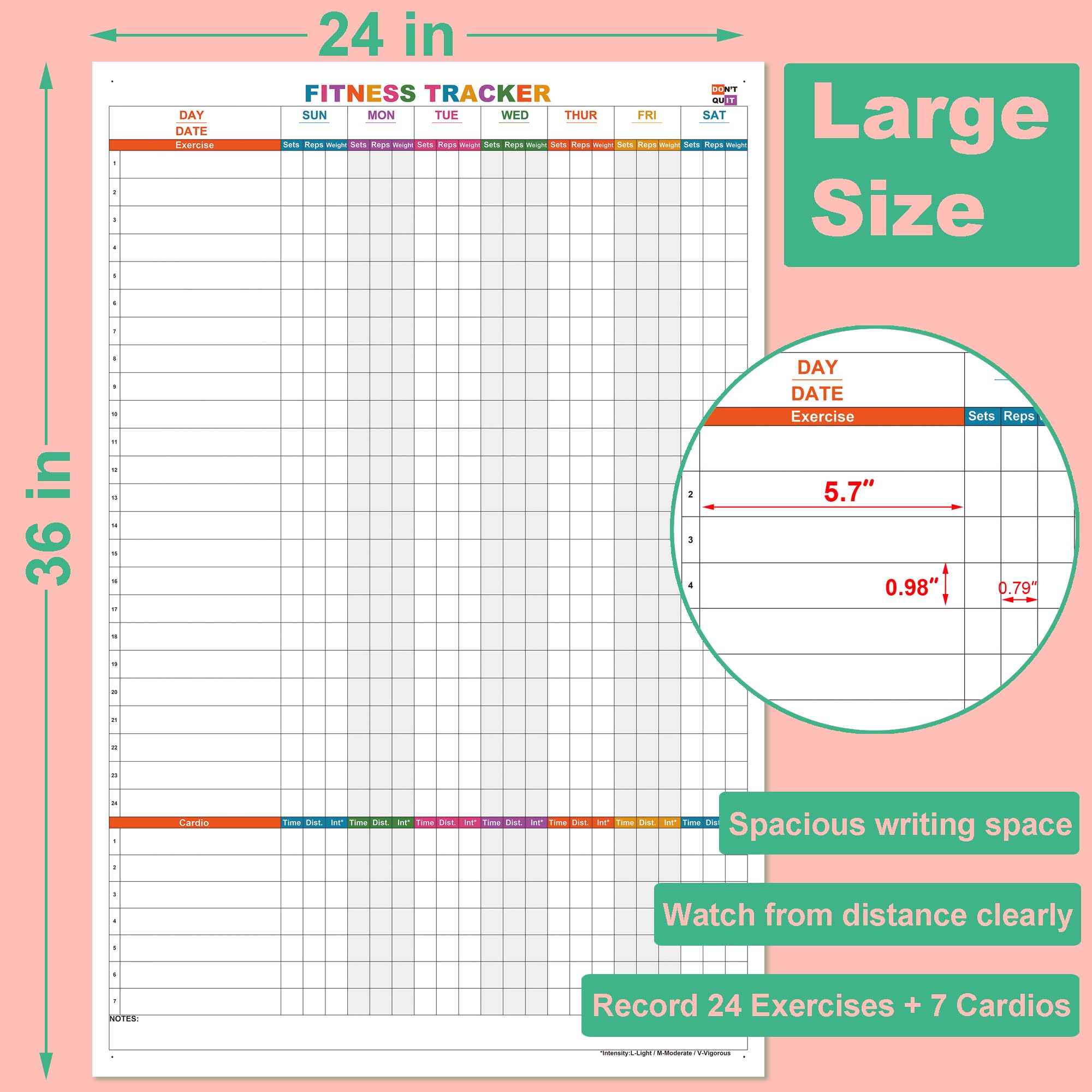 Grande agenda da parete cancellabile a secco, 61 x 91 cm, tabella degli esercizi settimanali cancellabile per pianificare e tracciare esercizi cardio, facile da cancellare, per casa e palestra