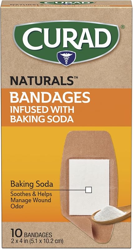 CURAD Naturals Vendas de bicarbonato de sodio de 2 x 4 pulgadas, vendaje estéril envuelto individualmente, kit de primeros auxilios esencial, protege rasguños y cortes, absorbente y autoadhesivo, caja de 10 unidades