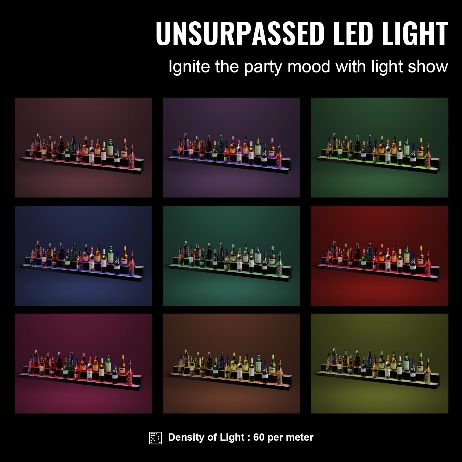 Happybuy 72-Inch LED Lighted Liquor Bottle Display, 2-Tier Acrylic Whiskey Rack Shelf, Commercial Home Bar Stand with RF Remote & App Control, Multicolor Lighting, Adjustable Power