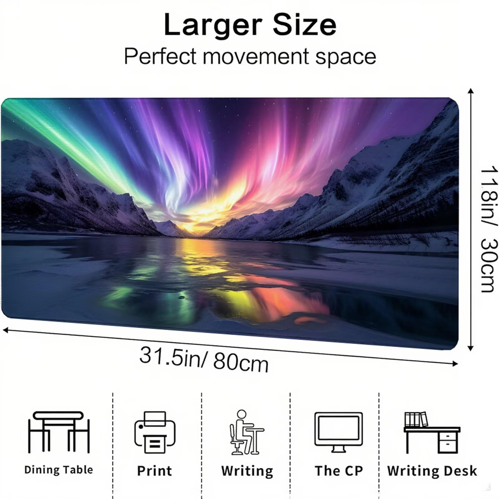 Czarna podkładka pod mysz XXL 1600 x 800 x 3 mm zorza pod ręką akcesoria biurowe antypoślizgowa gumowa podstawa i szyte krawędzie podkładka pod mysz dla graczy do dekoracji biura dekoracyjnego