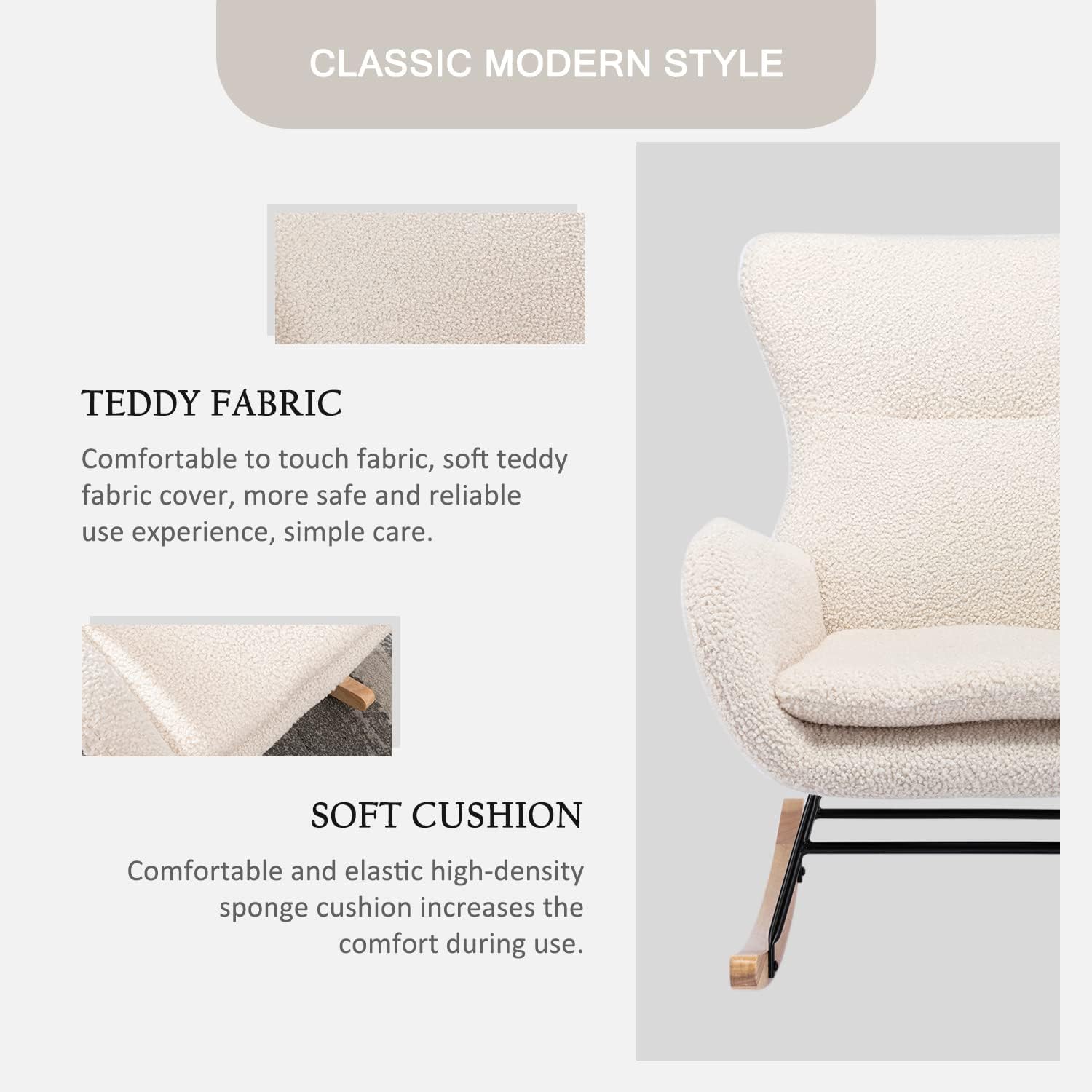 Qtivii Rocker Glider Chair for Nursery, Modern Rocking Chair with High Backrest and Armrests, Comfy Uplostered Accent Chair for Living Room, Bedroom (Beige) : Home & Kitchen