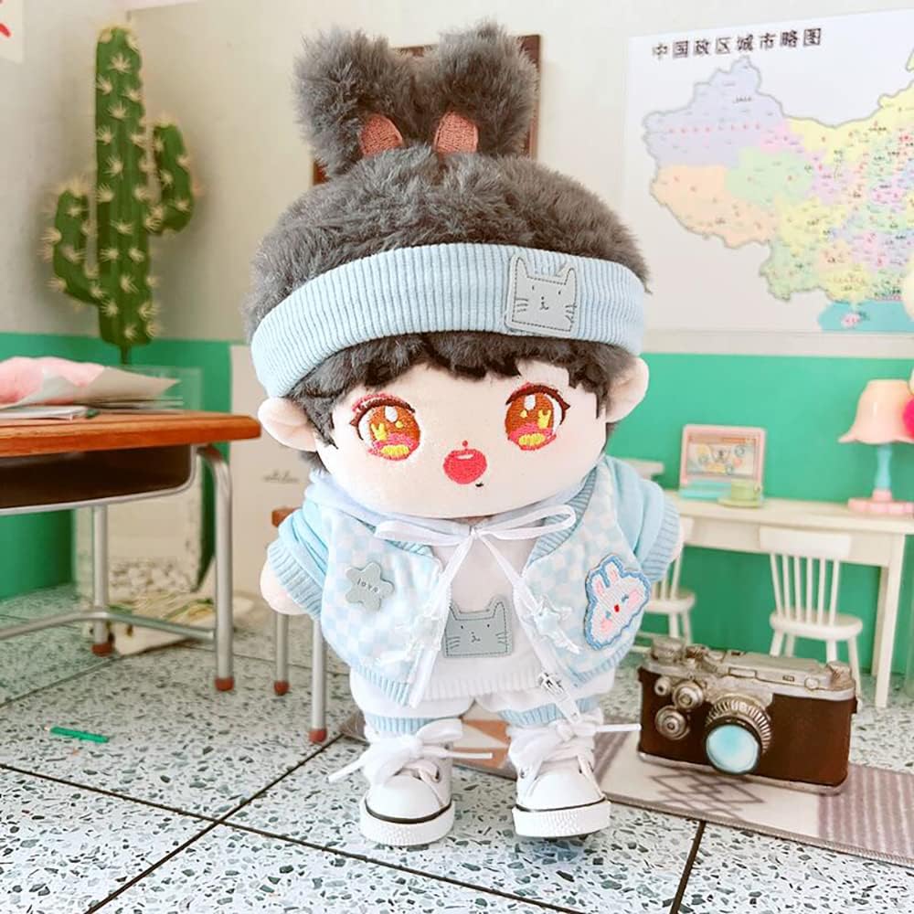 niannyyhouse 20cm Plush Doll Clothes Headband Hoodie Coat Pants Doll Dress Up (Light Blue)
