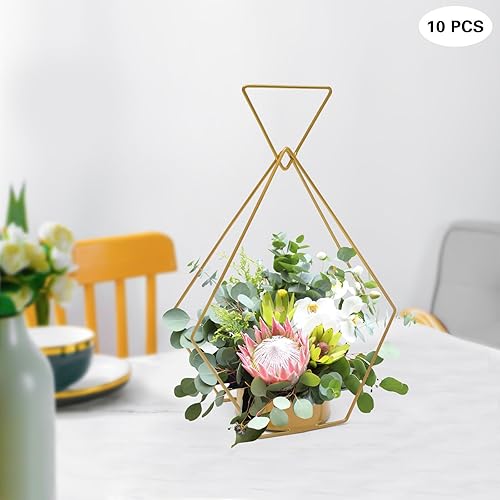 Miniatura 5 de Soporte de flores doradas de metal con columna geométrica para centro de mesa, 10 centros de mesa de boda de 15.7 pulgadas, jarrones dorados,