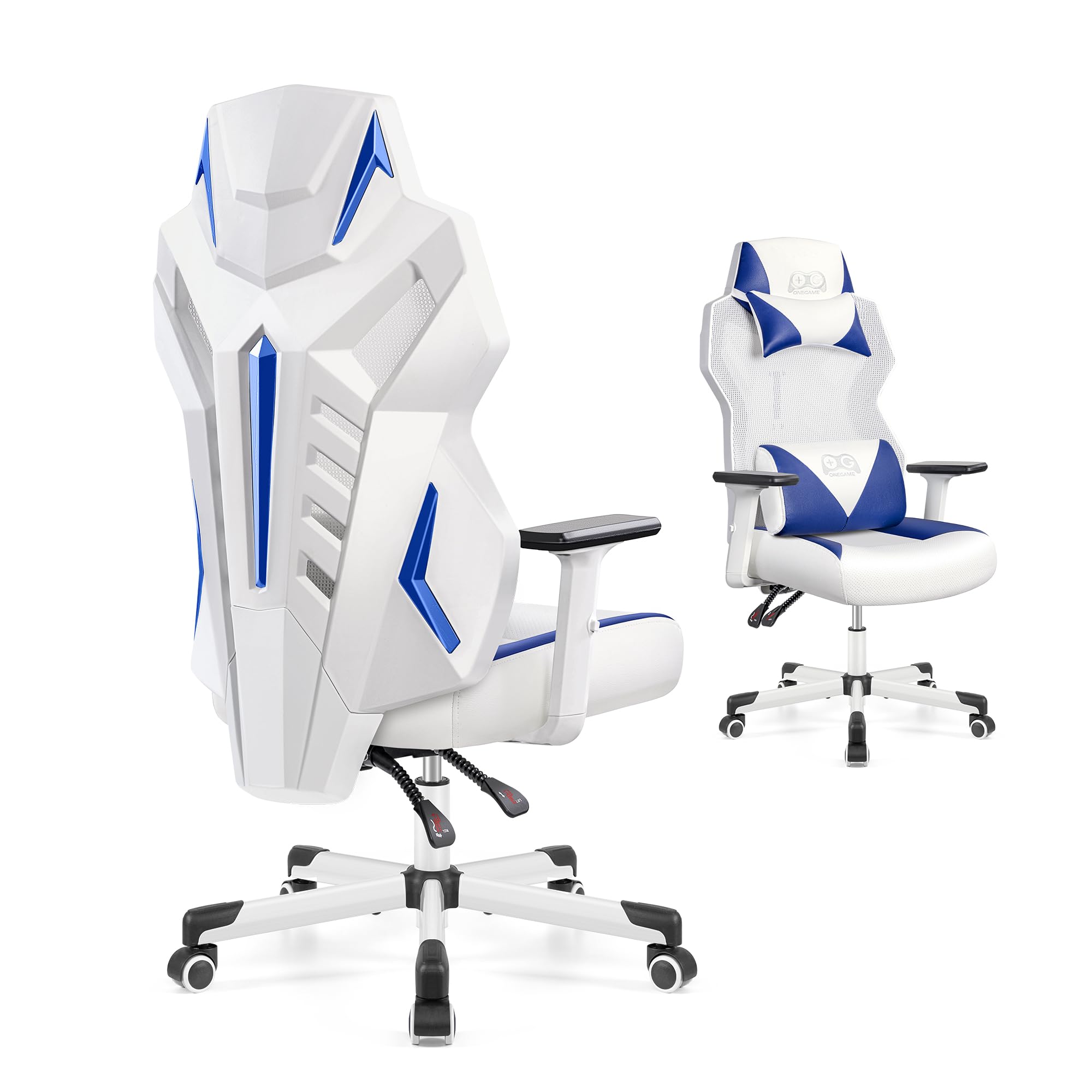 OneGame Silla Gaming, Transpirable Ergonómica Silla Gamer Adulto Estilo Carreras de Ordenador reposabrazos 3D Respaldo Ajustable Silla Escritorio con Soporte Lumbarjustable 150KG, Blanco-Azul