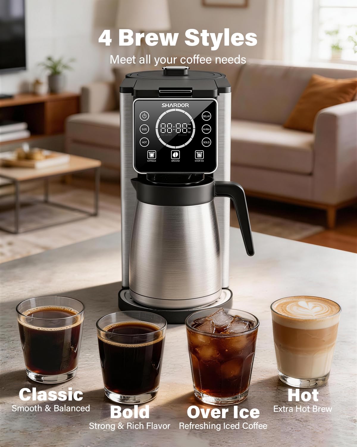SHARDOR Programmable 5 Cup Drip Coffee Maker, Single Serve Hot & Iced Coffee Machine for K Cup & Grounds, 95oz Removable Reservoir, 6–24oz Brew Size, Strong Brew, Stainless Steel Thermal Carafe, Black — view 4