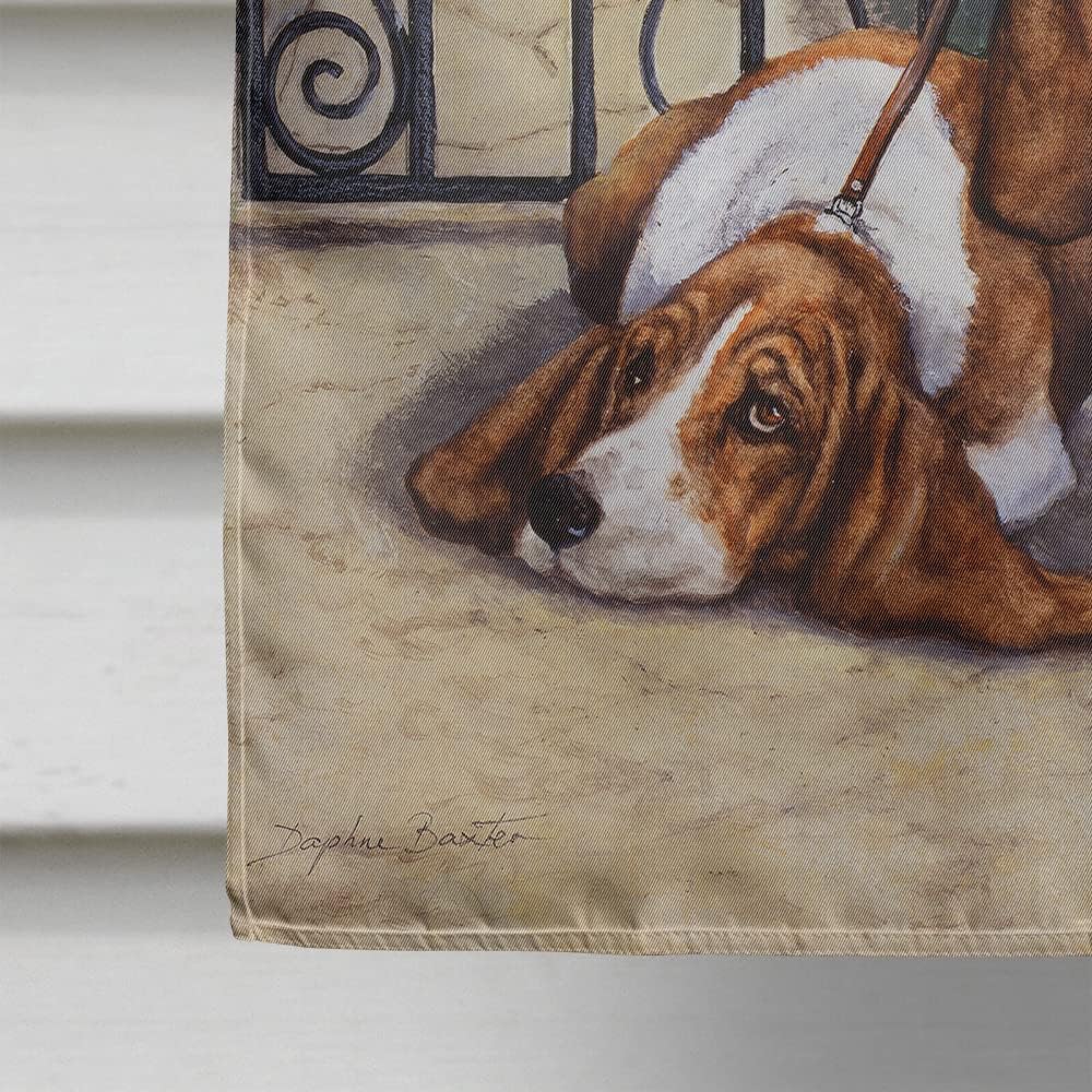 Caroline's Treasures BDBA0312CHF Basset Hound at the gate House Flag Large Porch Sleeve Pole Decorative Outside Yard Banner Artwork Wall Hanging, Polyester, House Size, Multicolor