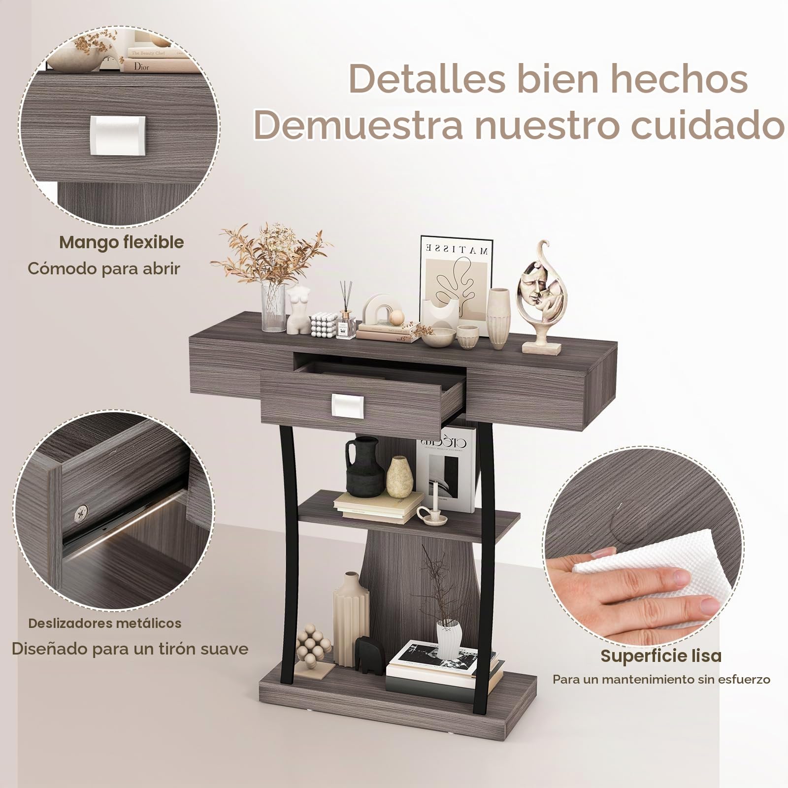LIFEZEAL Mesa Consola de Madera con 3 Niveles (Gris)