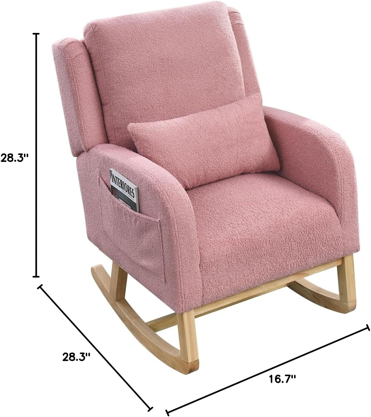 Modern Rocking Chair for Nursery, Upholstered Accent Rocker Single Sofa Armchair with High Back Backrest Armrest Side Pocket for Living Room Baby Room Bedroom Office Pink Teddy