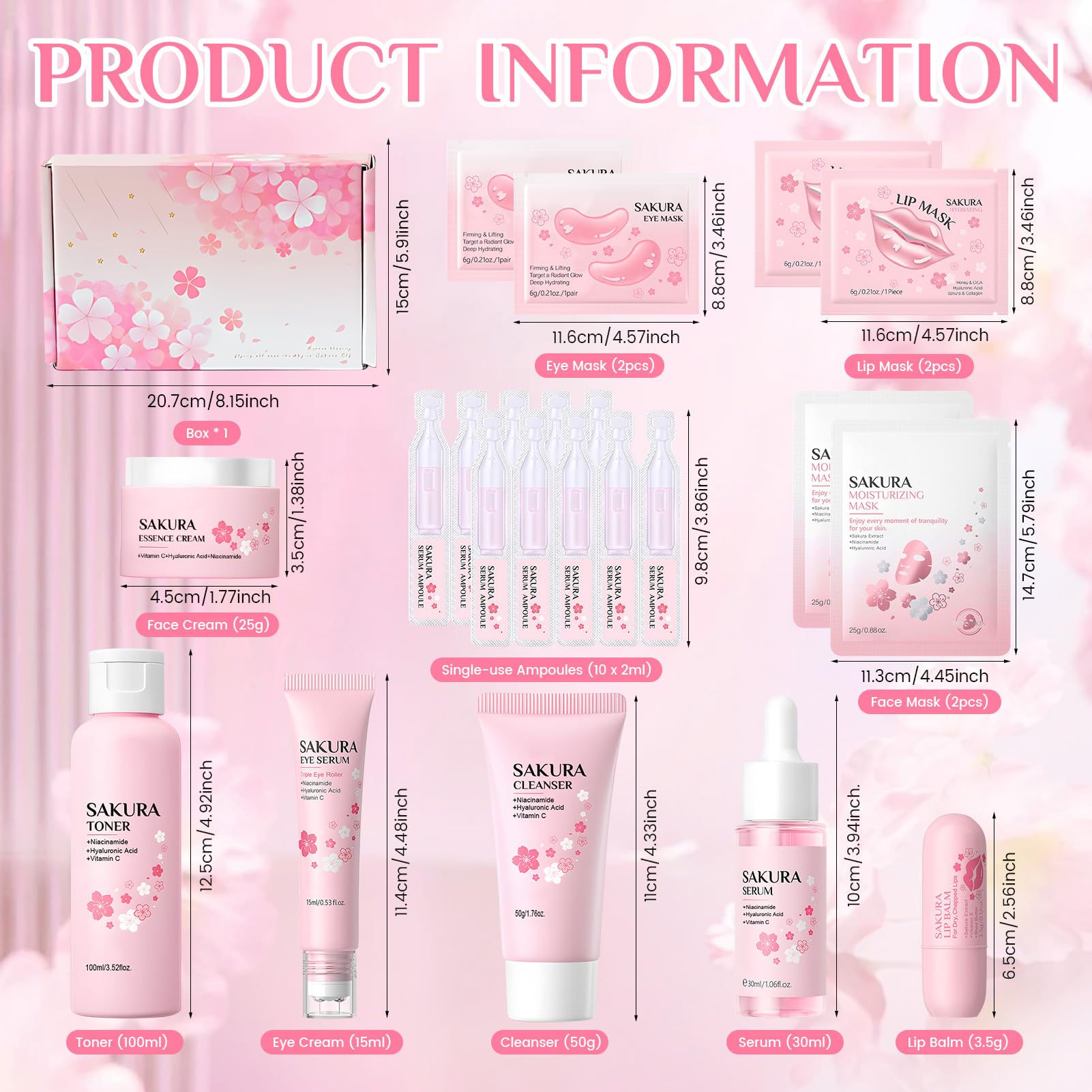 13 Pezzi Sakura Skin Care, Kit Skincare Viso Completo, Sakura Set Skincare mit Patch Occhi, Patch Labbra, Siero Viso, Crema Occhi, Lip Balm, Offre Una Riparazione Intensiva Completa