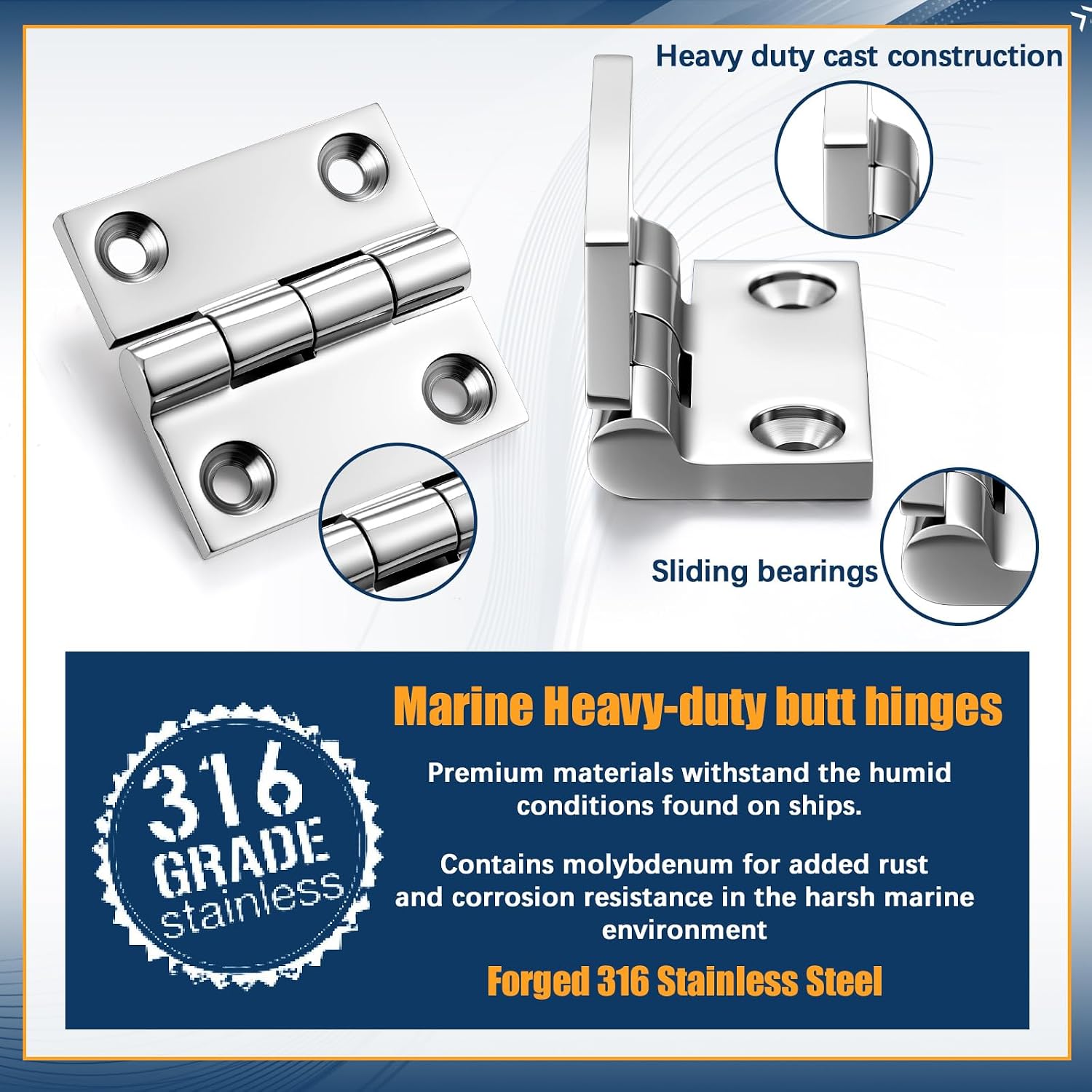 BBTO 6 Pack 316 Stainless Steel Boat Hinges with Screws, Marine Grade 2" x 2" Heavy Duty Rust-Proof Quiet-Open Casting Door Cabinet Hatch Hinges for Boat, Yacht, Outdoor, Home Use