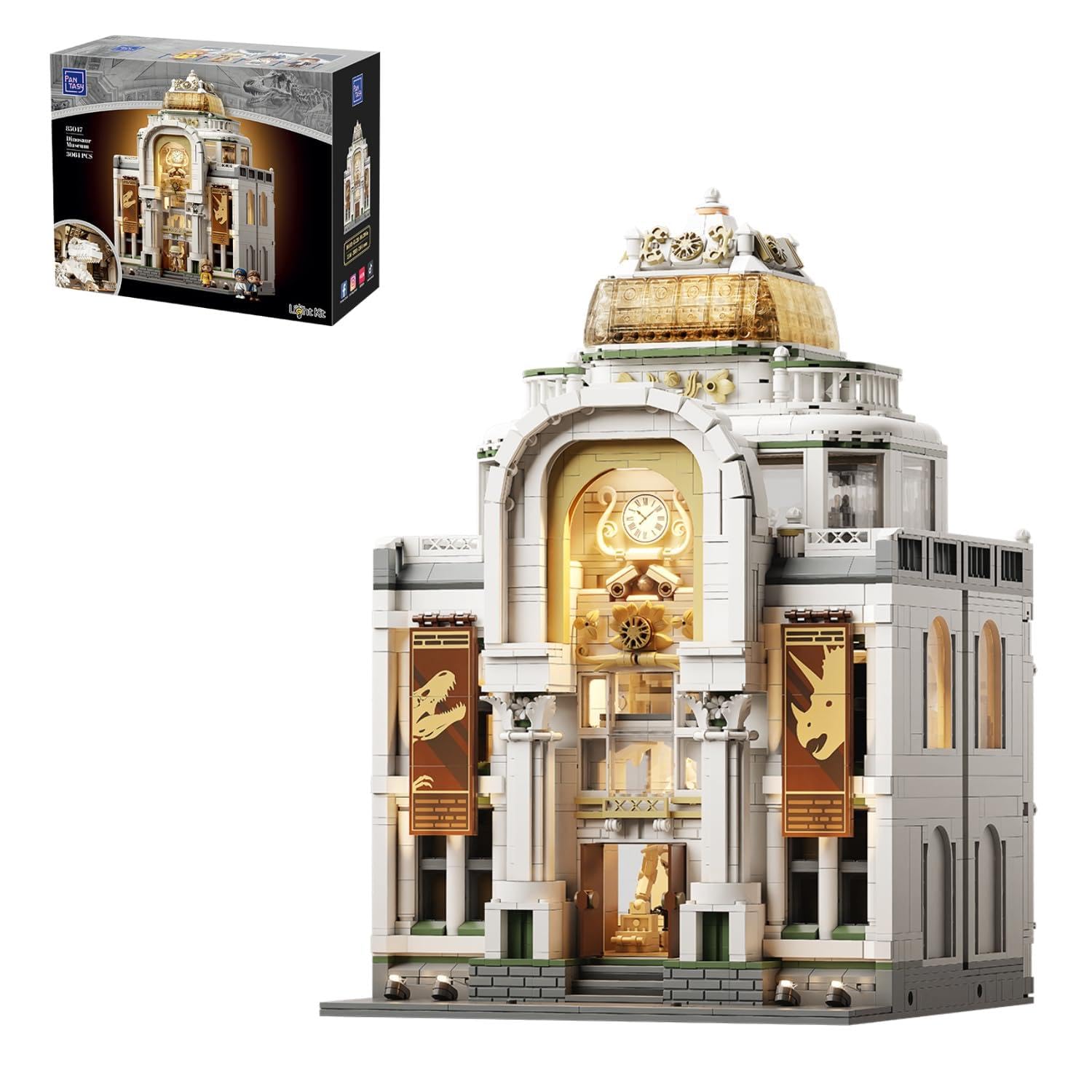 PANTASY Light Up Dinosaur Museum Building Blocks, Baroque Architecture Expandable Double Hall Model, Modular Building Set, 11 Lights, Street View Compatible Collectible Interactive Display Set