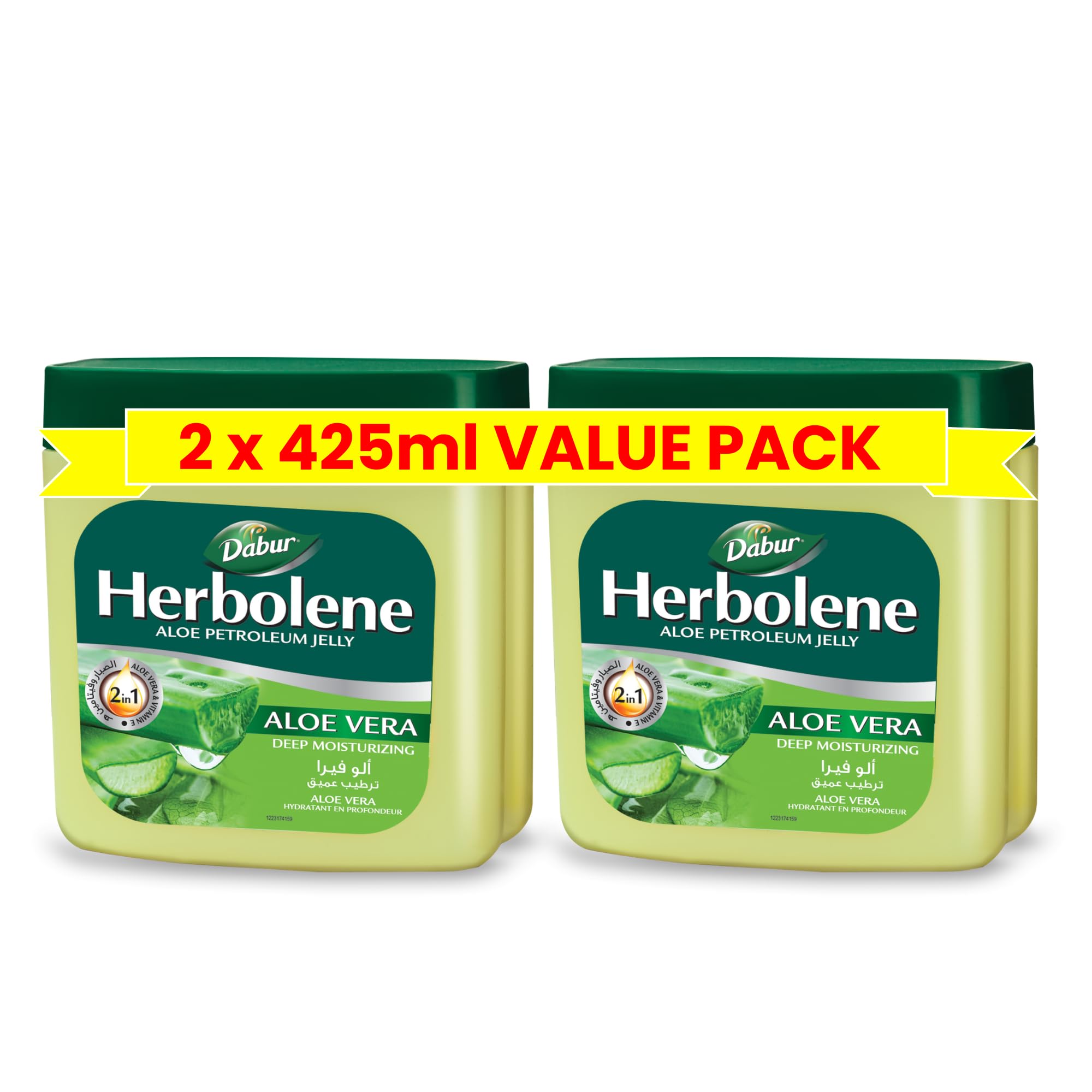 Dabur Herbolene Aloe Petroleum Jelly (2 x 425 ml) | Enriched with Aloe Vera and Vitamin E | For Dry and Rough SkinDabur Herbolene Aloe Petroleum Jelly (2 x 425…