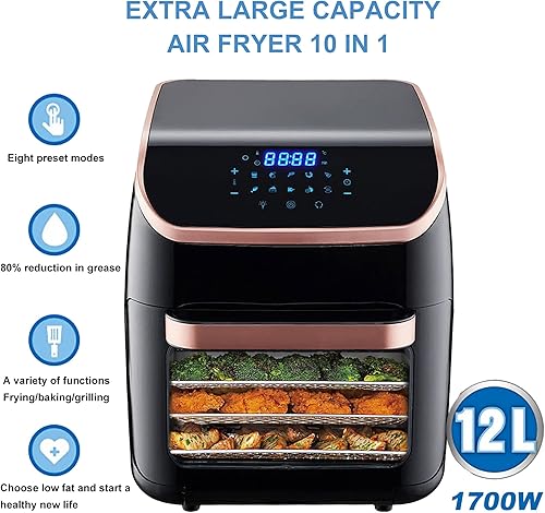 Miniatura 3 de Freidora de aire, freidoras de aire sin aceite de 12L 10 en 1, freidora de aire digital, kit de asador, freír al aire, asardeshidratar, con pantalla