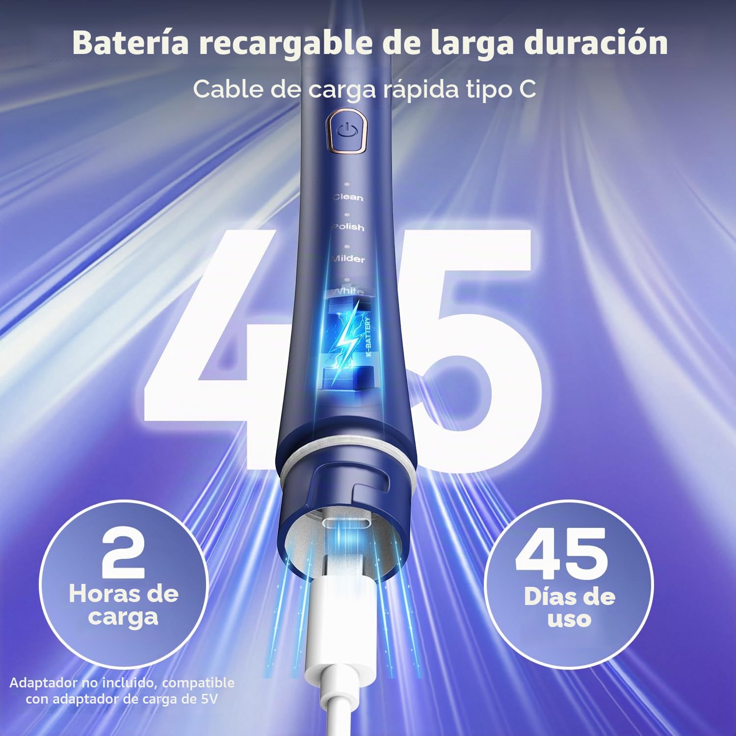 JTF Cepillo Dental Eléctrico para Ortodoncia, 6 Cabezales Suaves en Forma de U, 5 Modos, Temporizador 2 Min, IPX7, Limpieza Profunda(Azul Oscuro)