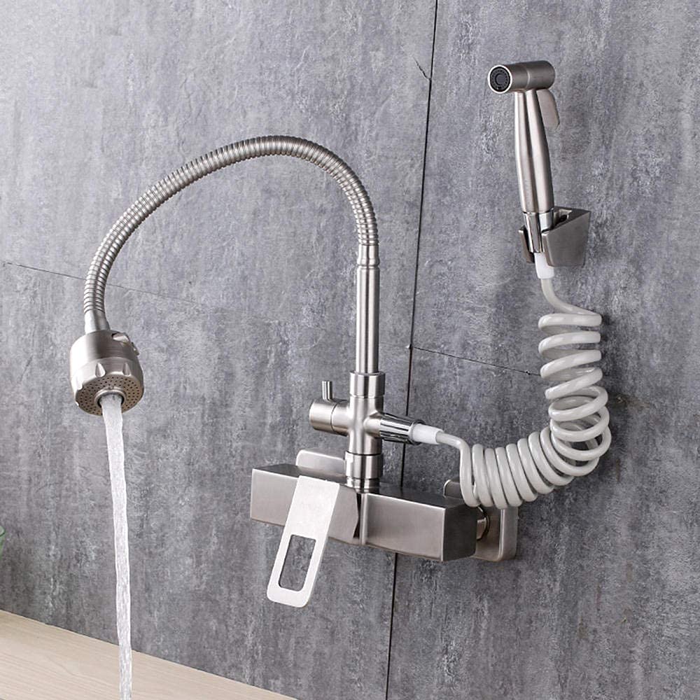 Grifo de cocina de acero inoxidable cepillado con giro de 360 grados para pared