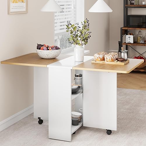 Miniatura 2 de Mesa de comedor plegable que ahorra espacio con 2 niveles de almacenamiento extensible, hojas caídas, de madera, juego de mesas de comedor para 4,