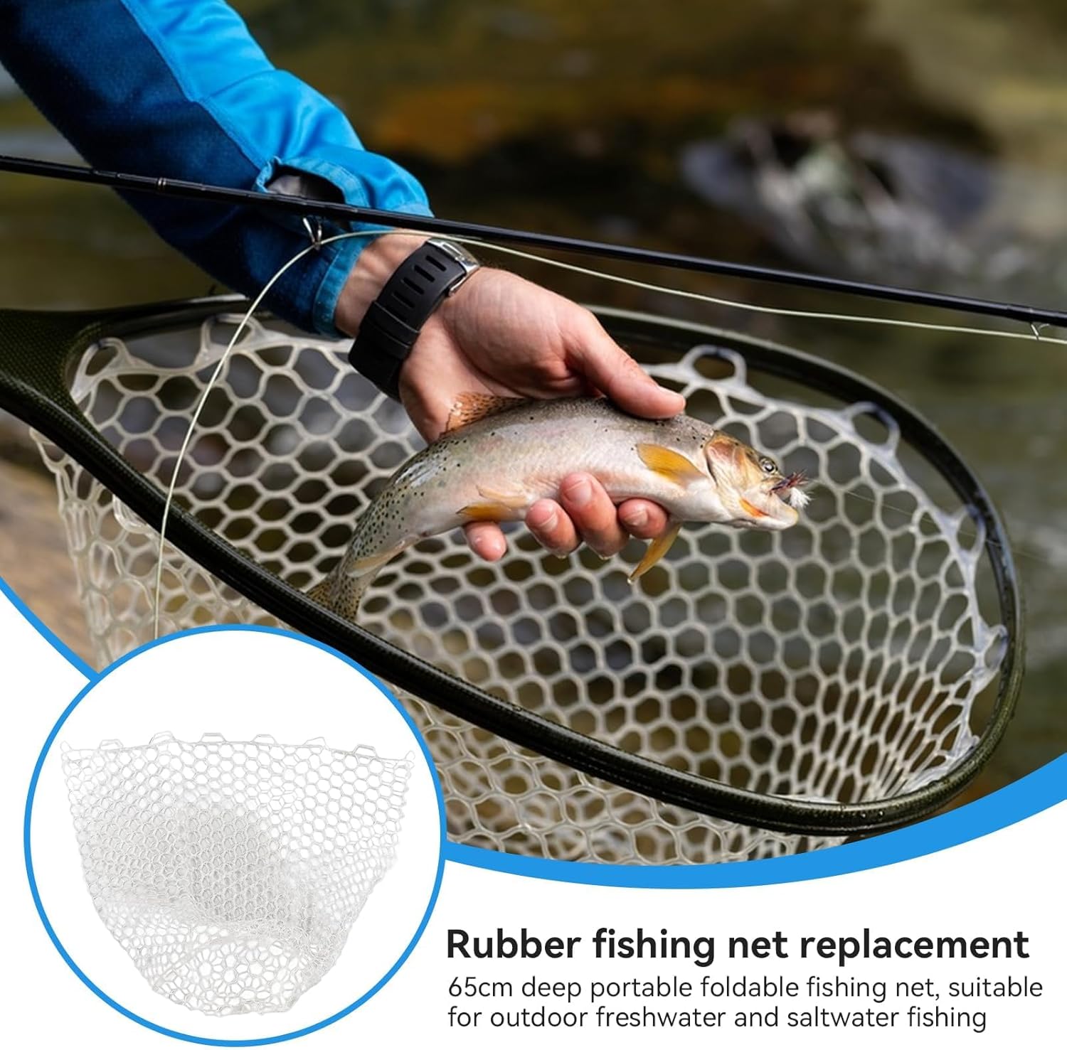 HERCHR Rubber Fishing Net Replacement Rubber Net, 65cm Depth Portable Foldable Fishing Net for Outdoor Freshwater Saltwater Fishing for Fly Fishing Landing Net Trout Net Rubber Mesh Fishing Net