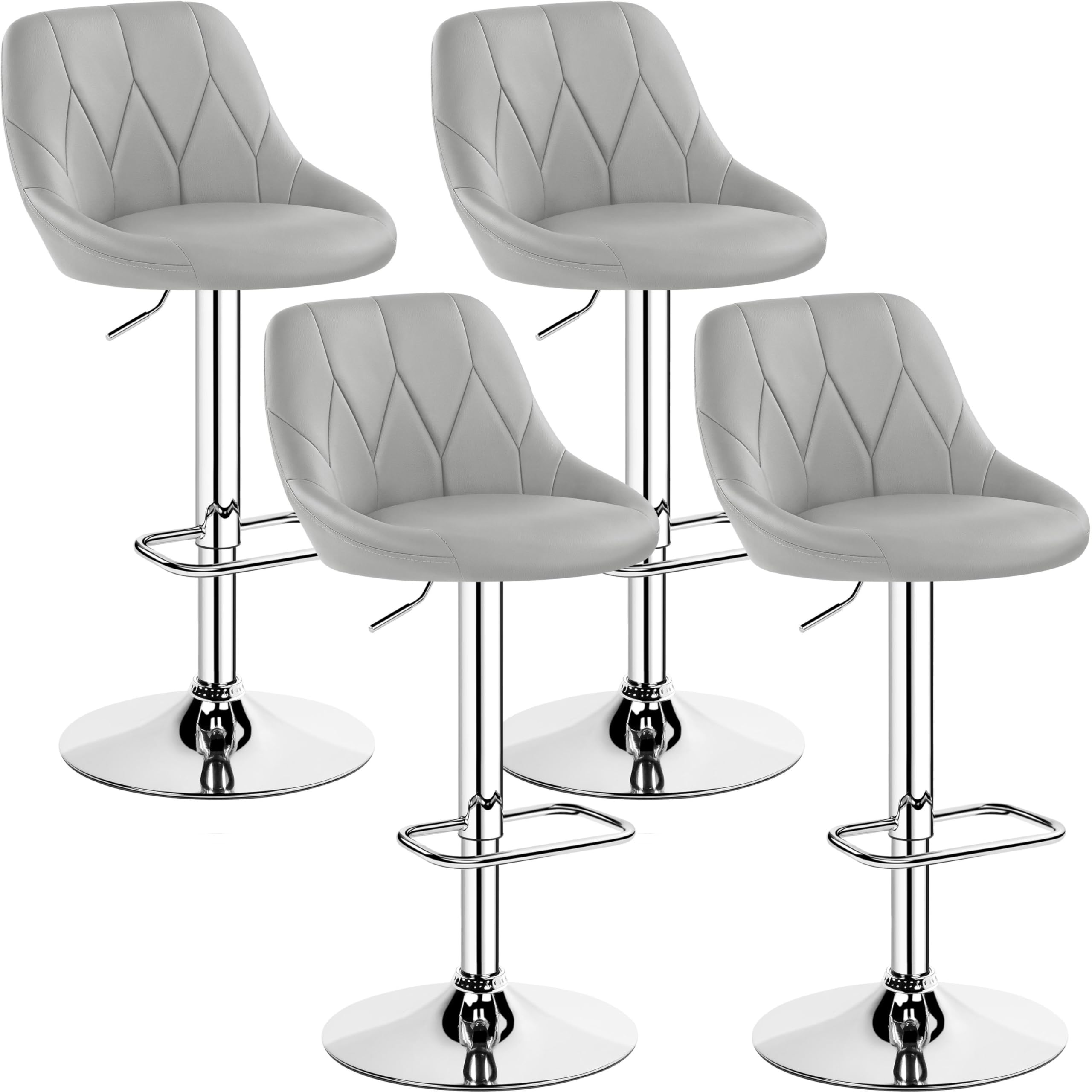 Yaheetech Lot de 4 Tabourets de Bar en Similicuir Hauteur Réglable de 86 cm à 107,5 cm Chaises de Bar Assise Pivotante Repose-Pied Carré Tabourets Hauts Cadre Métallique Galvanisé Gris Clair